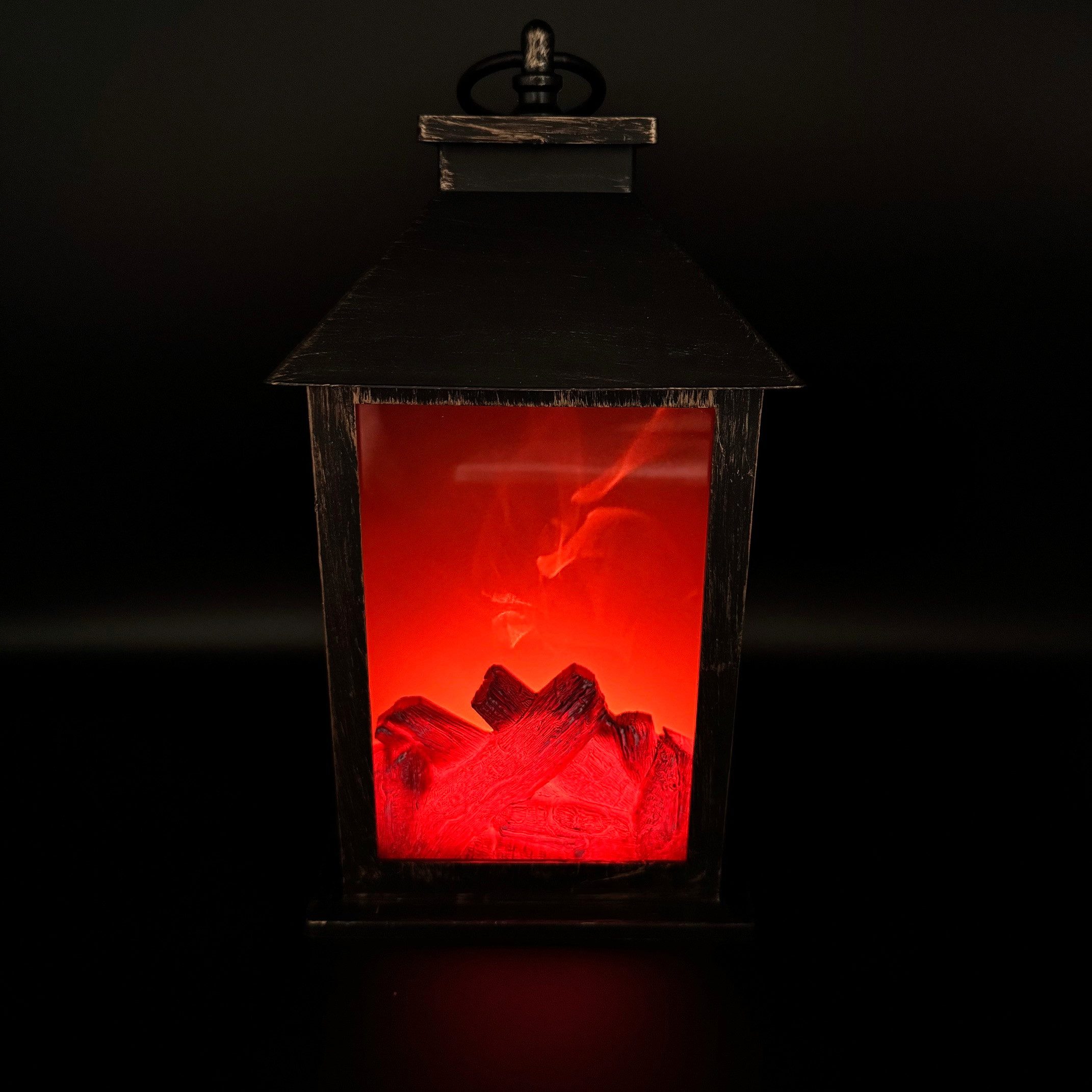 Online-Fuchs LED Laterne Deko Kaminlaterne mit 6-Stunden Timerfunktion - Vintage look, LED fest integriert, rötliches LED-Feuer, 27 cm groß