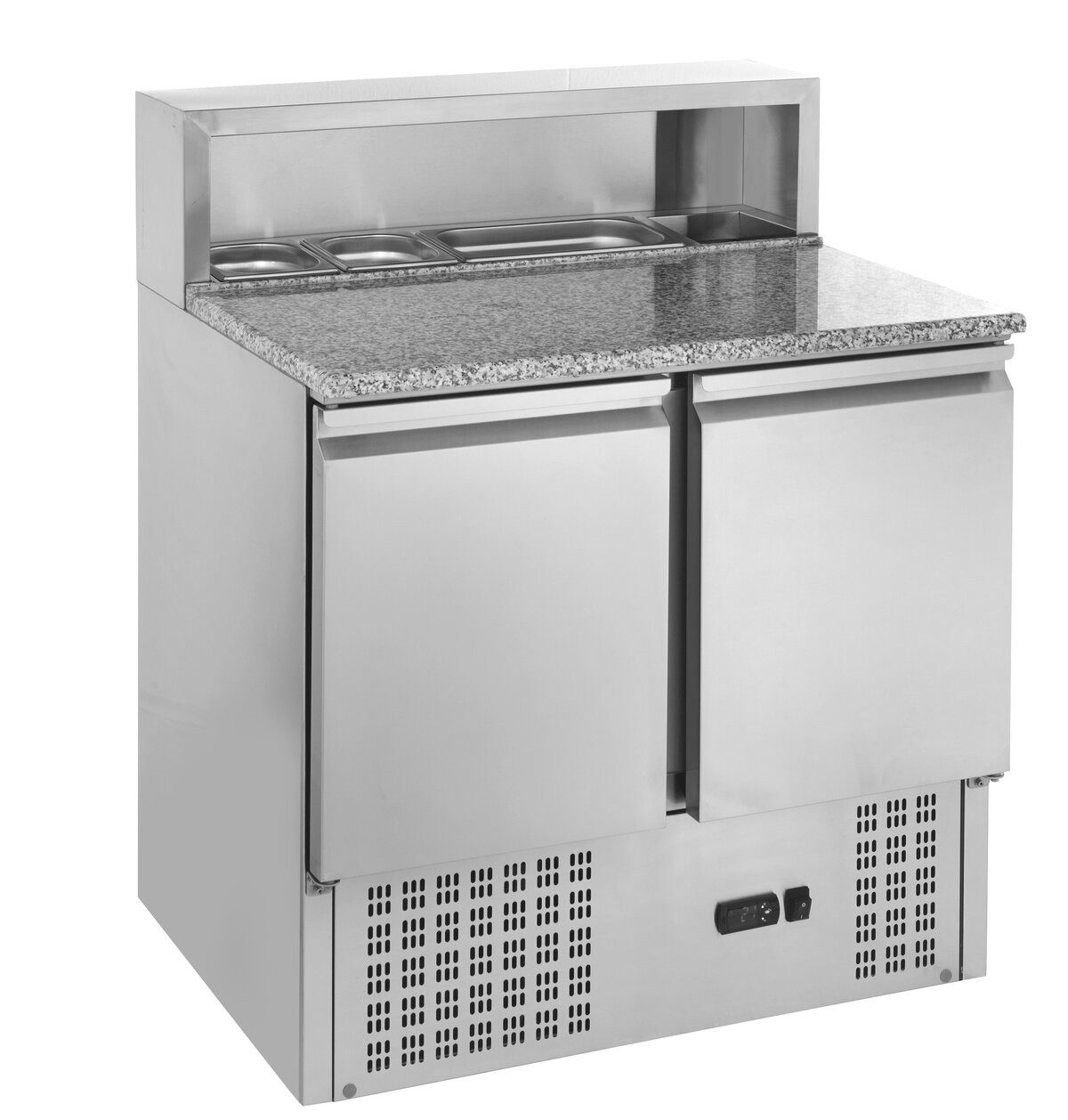 GastroHero Dönergrill Pizzatisch ECO 900 mit Granitplatte Kühltisch 2 Türen 176L, 340 W, Digitale Temperaturanzeige, automatische Abtauung, energieeffizient