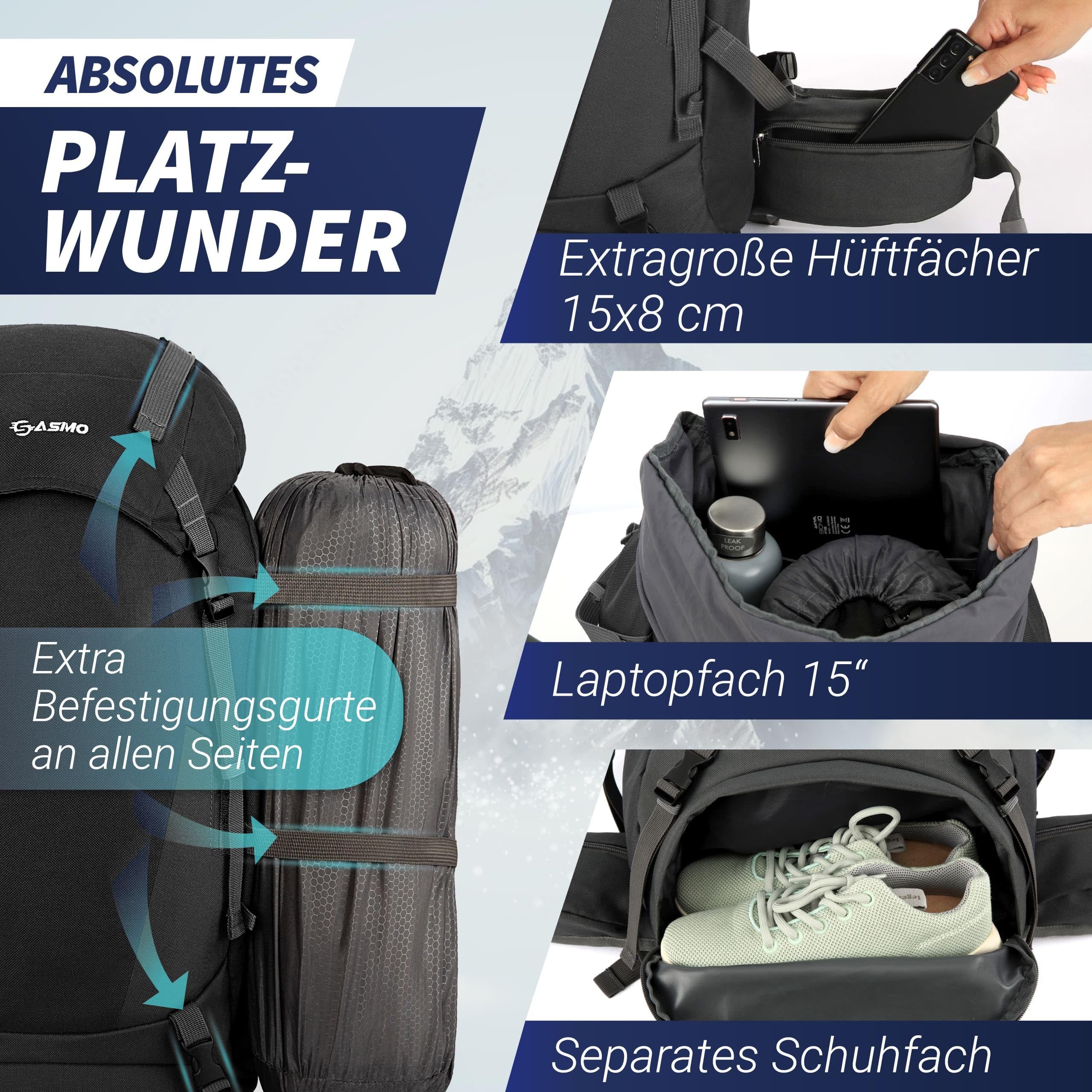 Sasmo Wanderrucksack Wanderrucksack 40l + 5l Mit Kontaktrücken, Isoliertes Frontfach, Integrierter Kulturbeutel, Schuhfach, - Inkl. Regenschutz