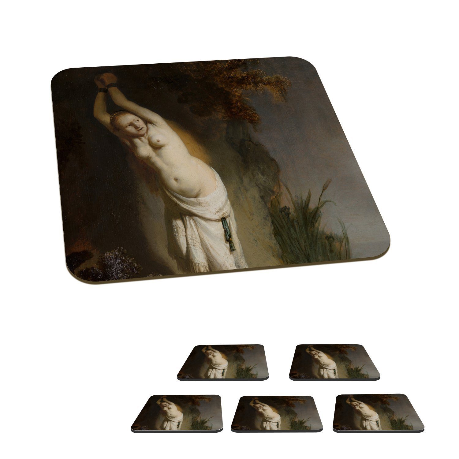 MuchoWow Glasuntersetzer Andromeda angekettet an den Felsen - Gemälde von Rembrandt van Rijn, Zubehör für Gläser, 6-tlg., Glasuntersetzer, Tischuntersetzer, Korkuntersetzer, Untersetzer, Tasse