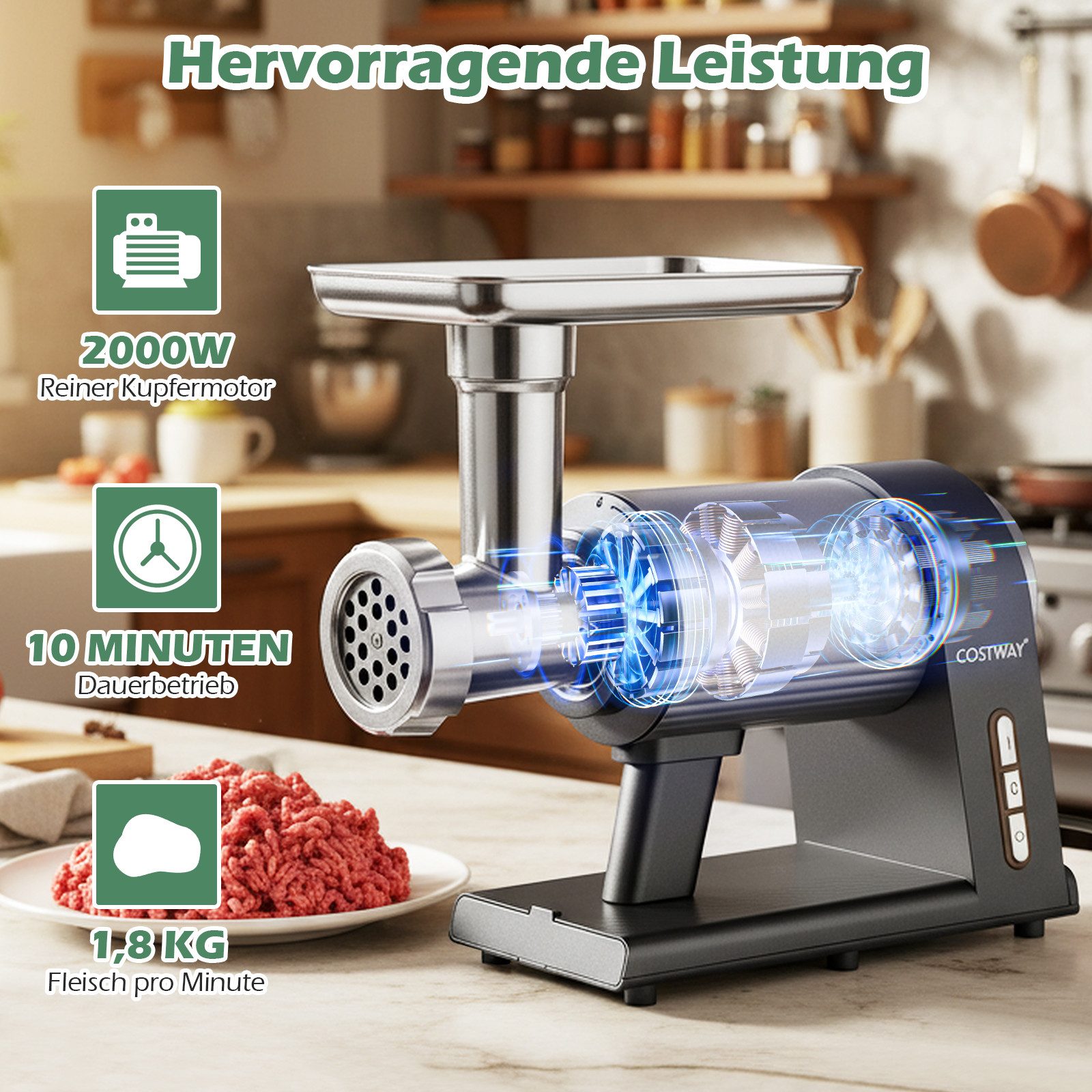 COSTWAY Fleischwolf, 2000 W, elektrisch, 3 Wurstfüllrohren, 3 Lochscheiben