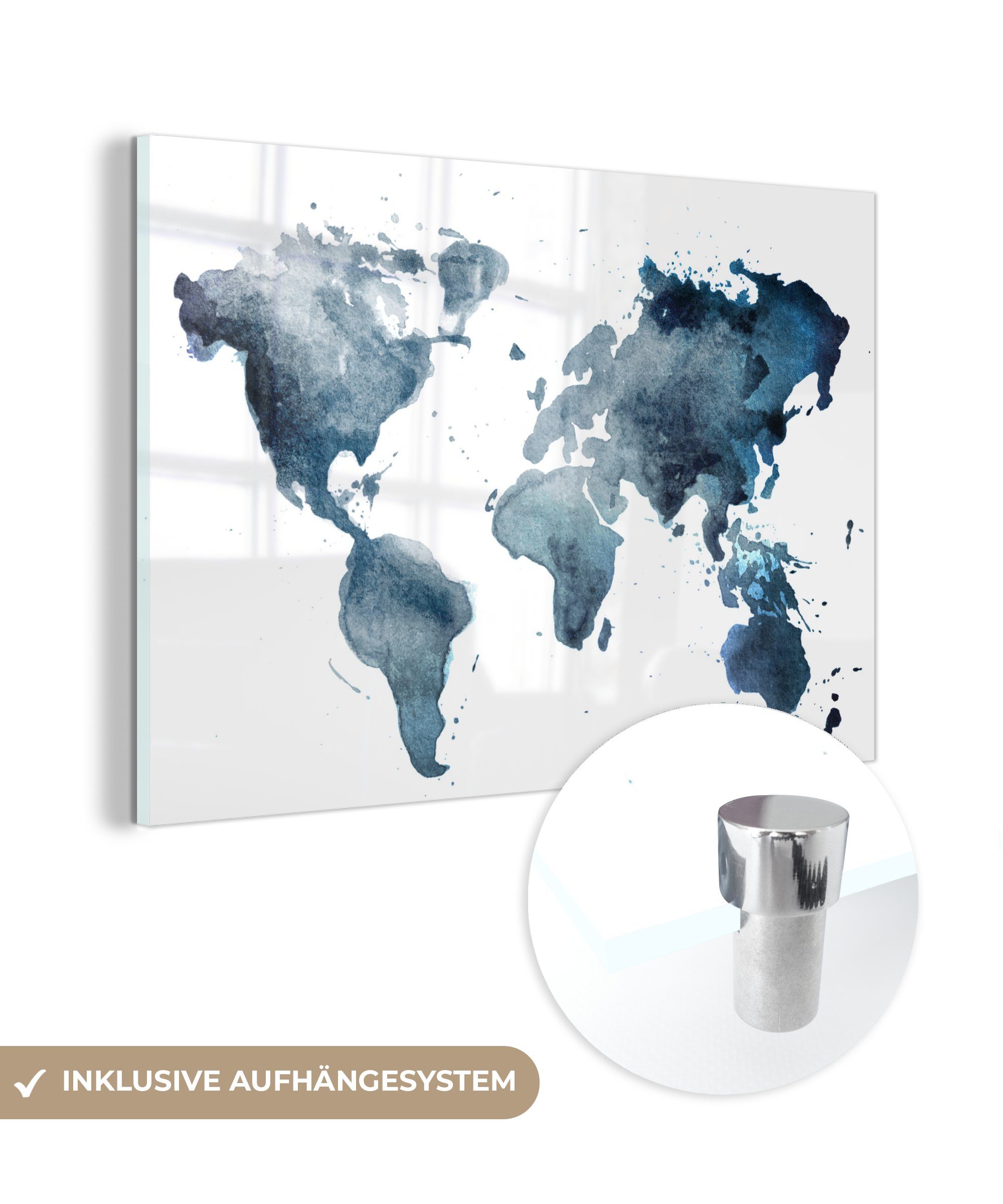 MuchoWow Acrylglasbild Weltkarte - Abstrakt - Aquarell, (1 St), Glasbilder - Bilder auf Glas Wandbild - Foto auf Glas - Wanddekoration