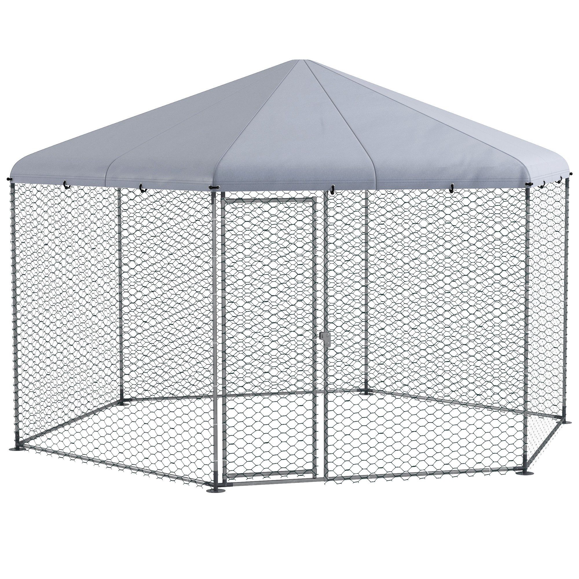 PawHut Hühnerstall 400 x 346 x 263 cm Freilaufgehege aus Stahl, für 10-15 Hühner, Kleintiere, Grau