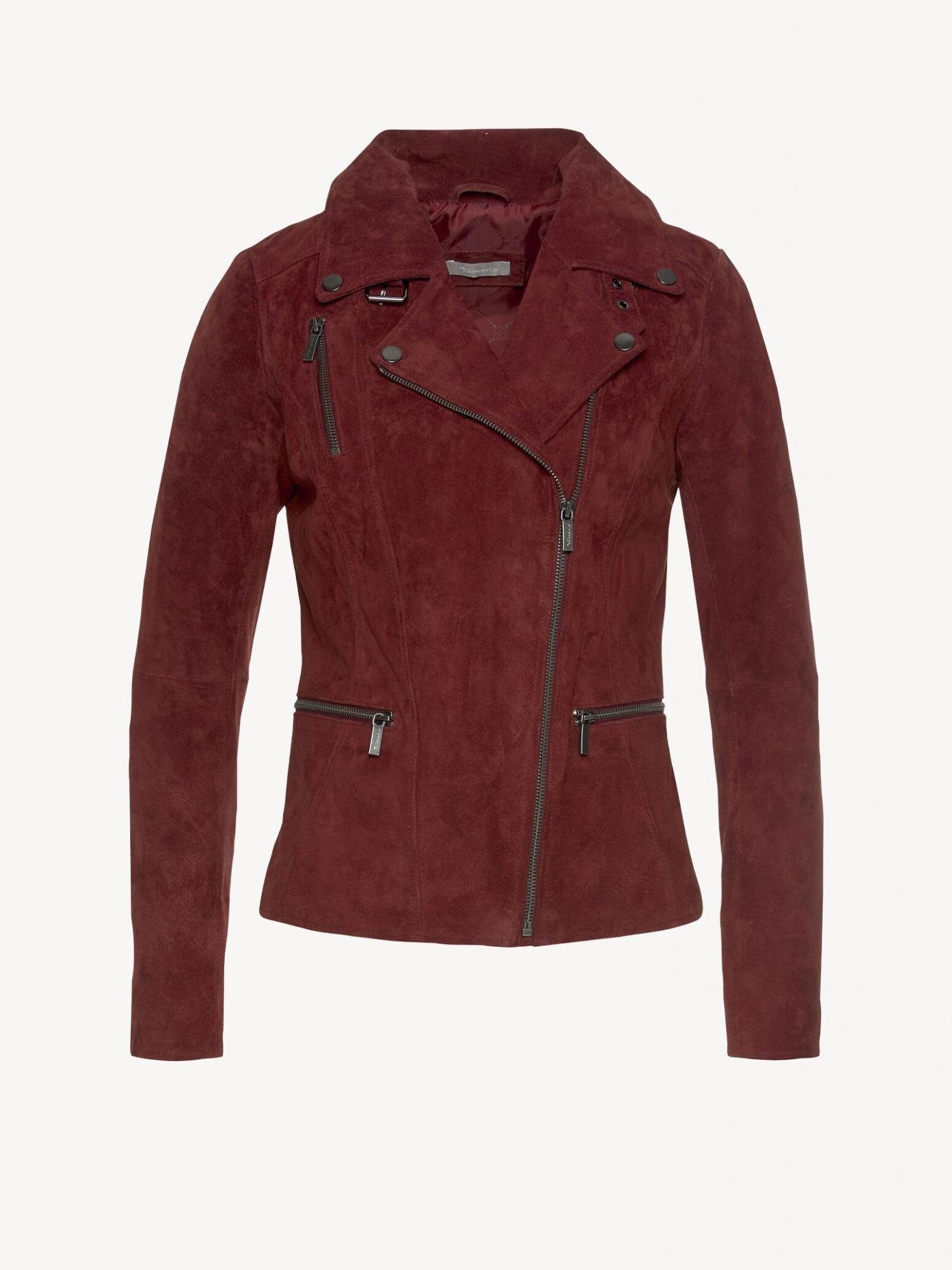 taillierte Bikerjacke Tamaris Veloursleder bordeaux aus • • Lederjacke