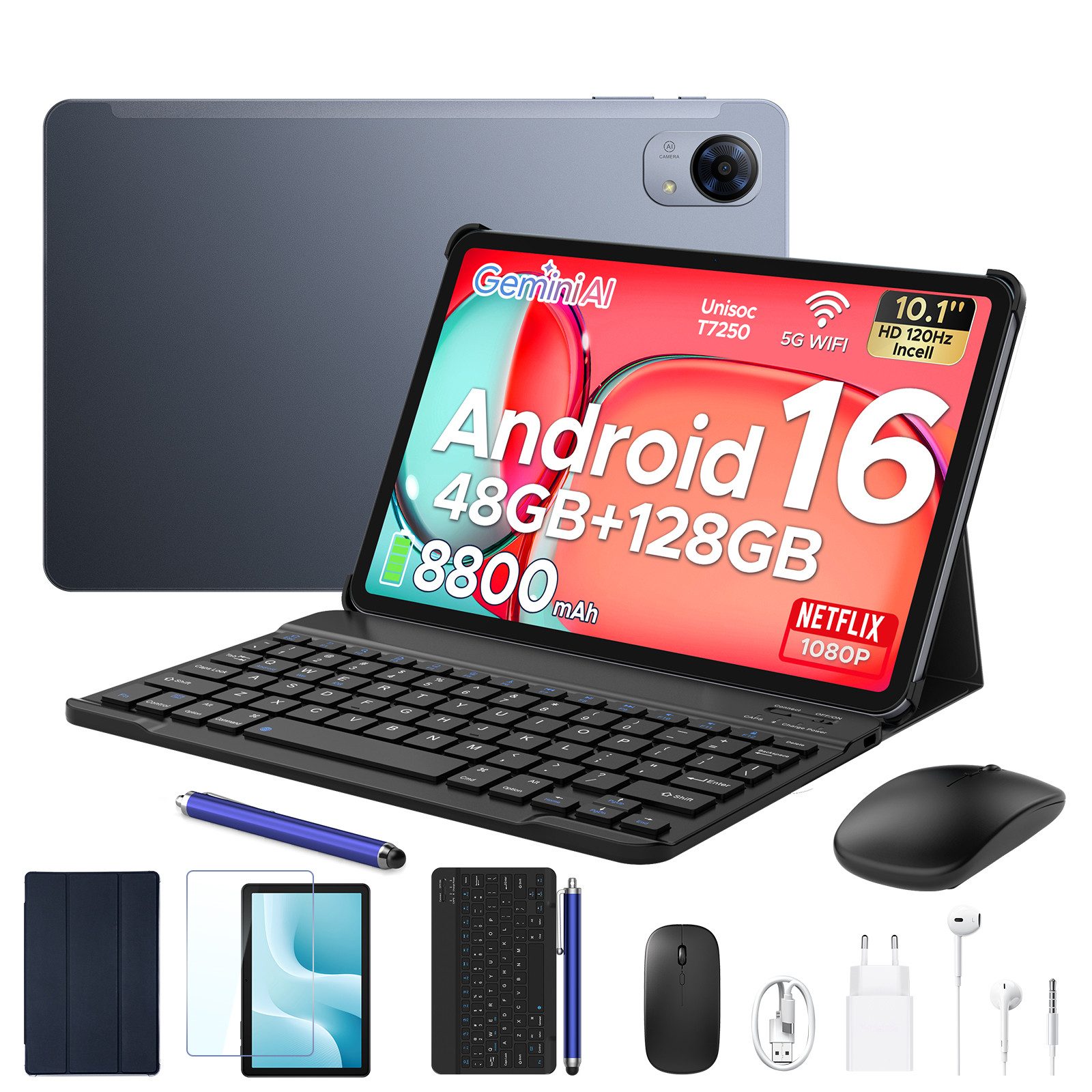 Aorlym P10 Pro Tablet Android 16 10 Zoll, mit Tastatur, 120Hz, 8800mAh, 13MP Tablet (10.1", 8 GB, Android 16, Gemini AI, Octa Core T7250, 128GB ROM, Face ID/GPS/FM, 3,5mm Buchse)