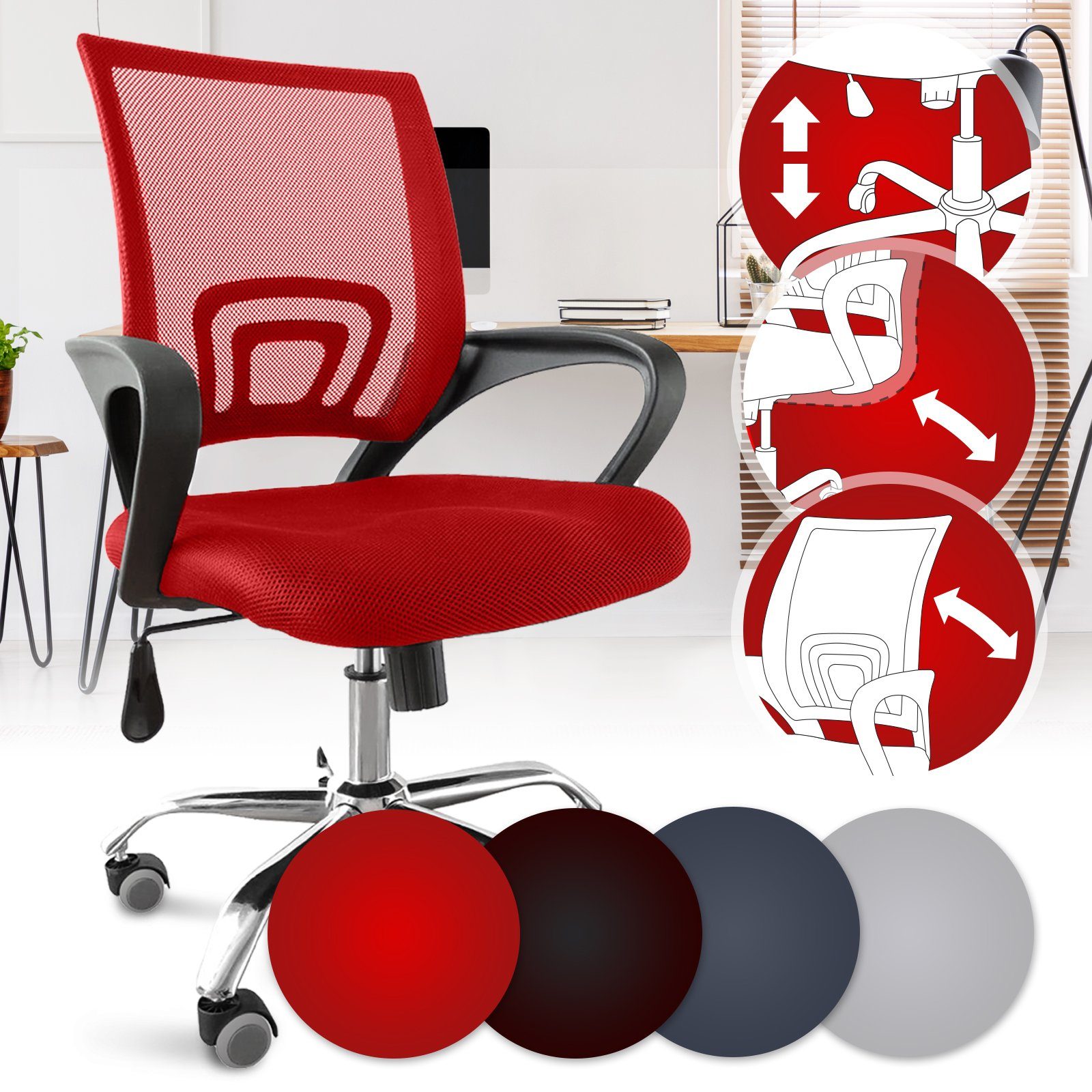 VENDOMNIA Bürostuhl Armlehne höhenverstellbar belastbar, Rot Drehstuhl, Schreibtischstuhl, Chefsessel, 120kg Farbwahl), und Rollen, (bis Ergonomisch, Computerstuhl