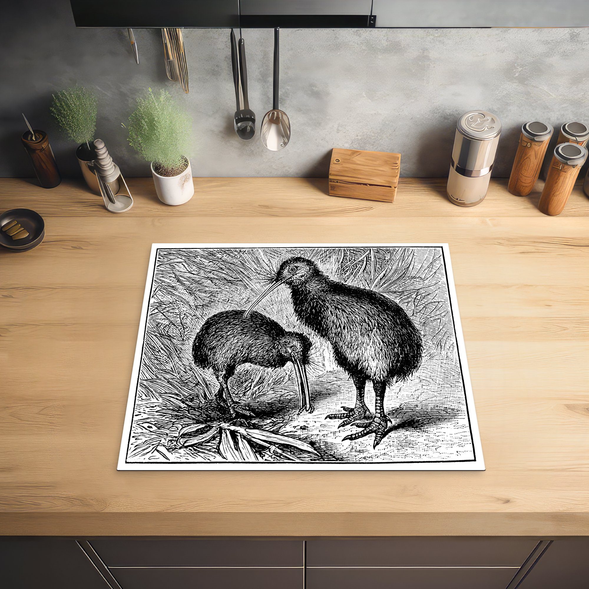Ceranfeldabdeckung nutzbar, Kiwi-Vögeln, von MuchoWow Mobile Vinyl, (1 tlg), Arbeitsfläche cm, 60x52 Herdblende-/Abdeckplatte zwei Schwarz-Weiß-Illustration