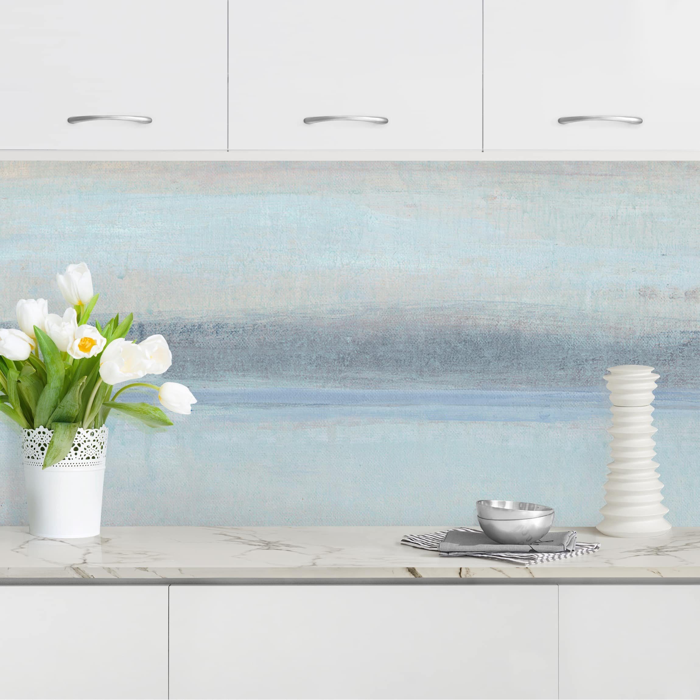 Bilderdepot24 Küchenrückwand blau dekor Abstrakt Aquarell Kunst Horizont über Blau I, (1-tlg., Nischenrückwand - für Fliesenspiegel ohne Bohren - matt), Spritzschutz Rückwand Küche Herd - Folie selbstklebend versch. Größen