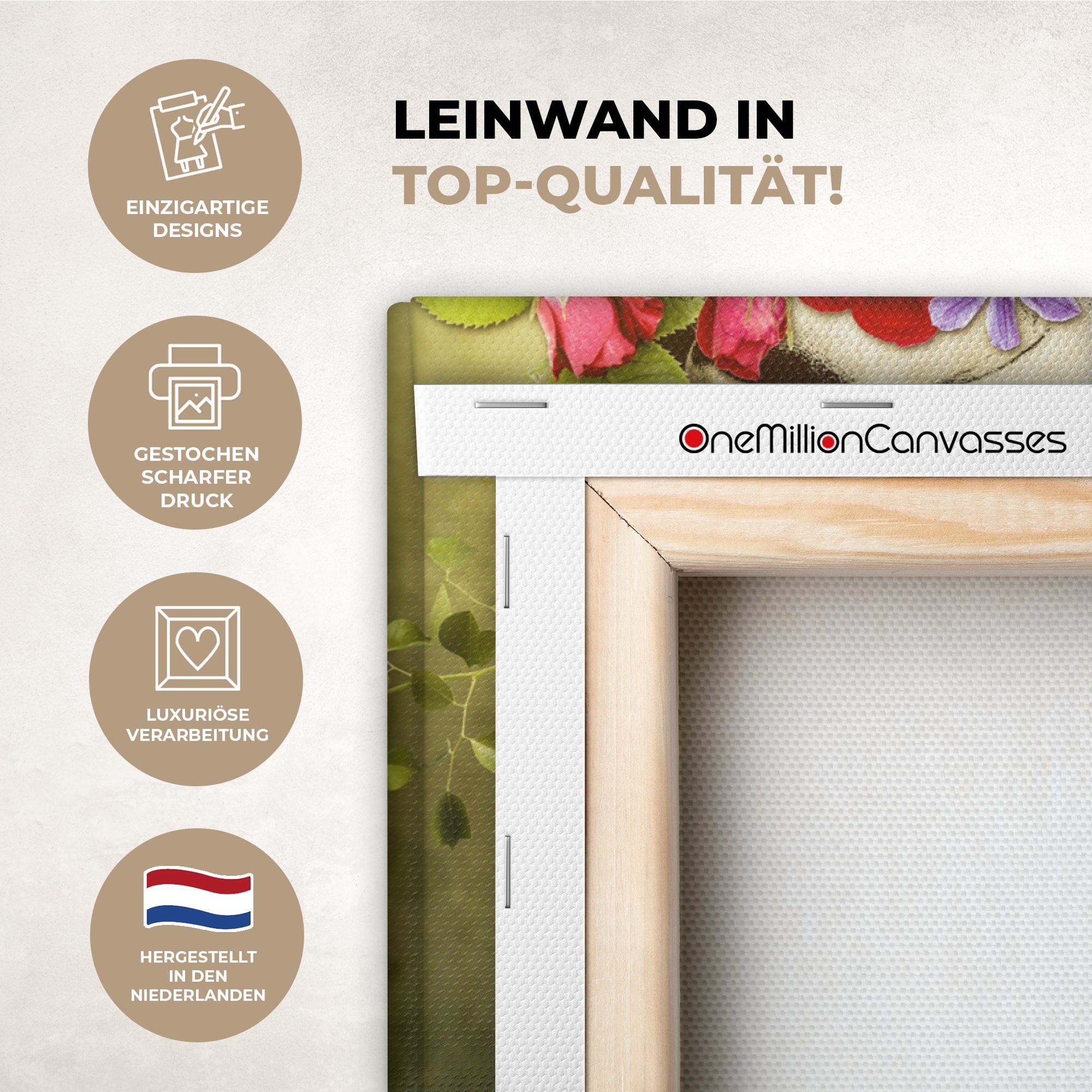 OneMillionCanvasses® Leinwandbild Frau - Blumen - Farben - Schmetterlinge - Rosen - Kopftuch, Fotodruck (1 St), Leinwände Wanddeko Wohnzimmer Schlafzimmer 60x40 cm