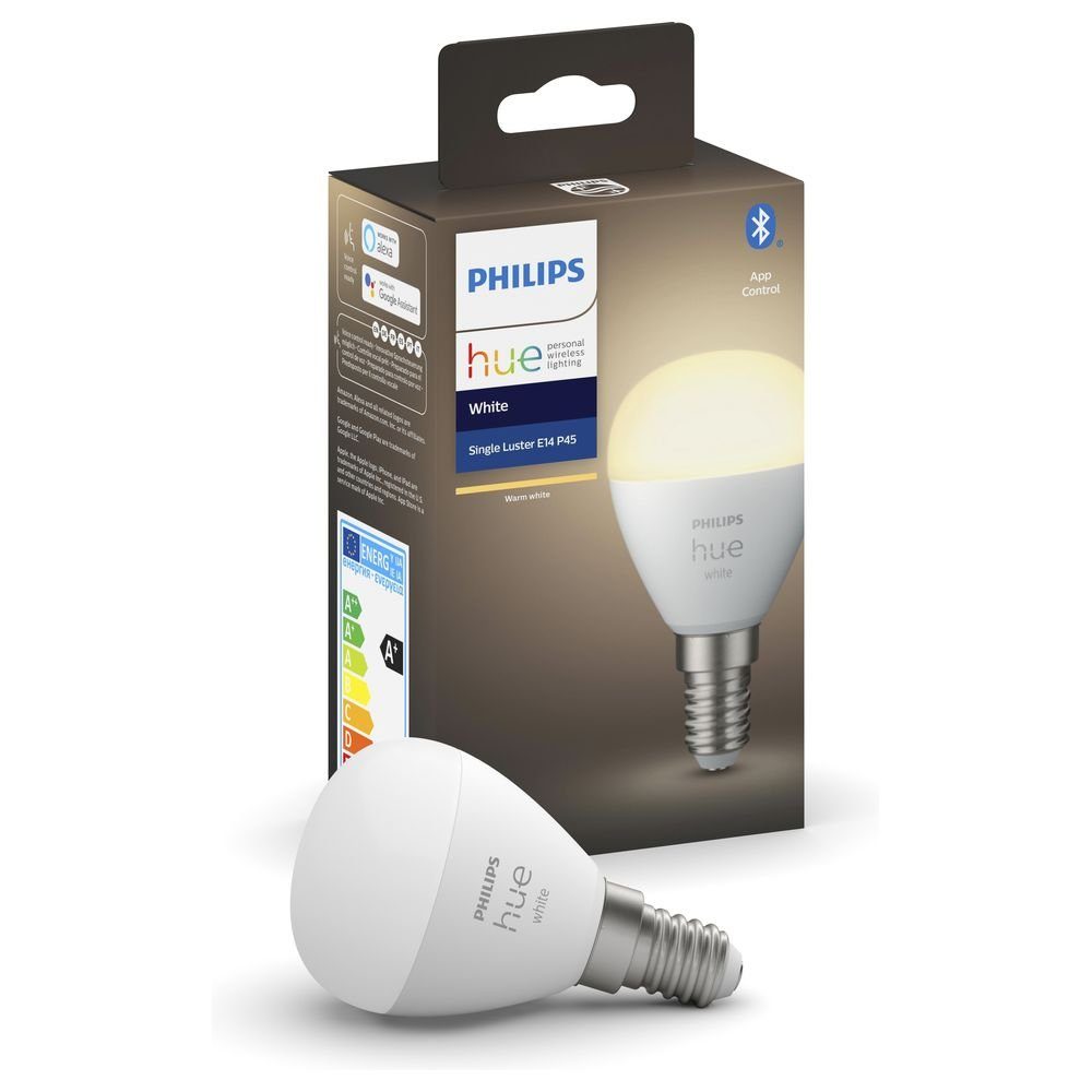 Philips Hue White LED E14 Tropfen P45, 5,7W, 2700 K, dimmbar, LED-Leuchtmittel,  n.v, warmweiss