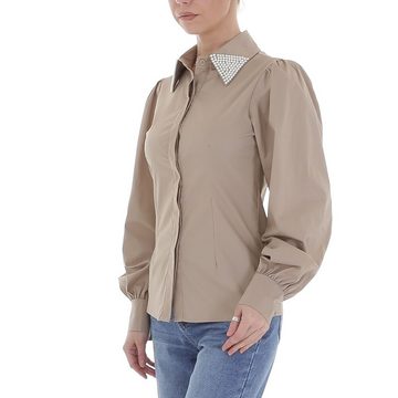 Ital-Design Langarmbluse Damen Elegant Hemd Perlen Bluse in Hellbraun