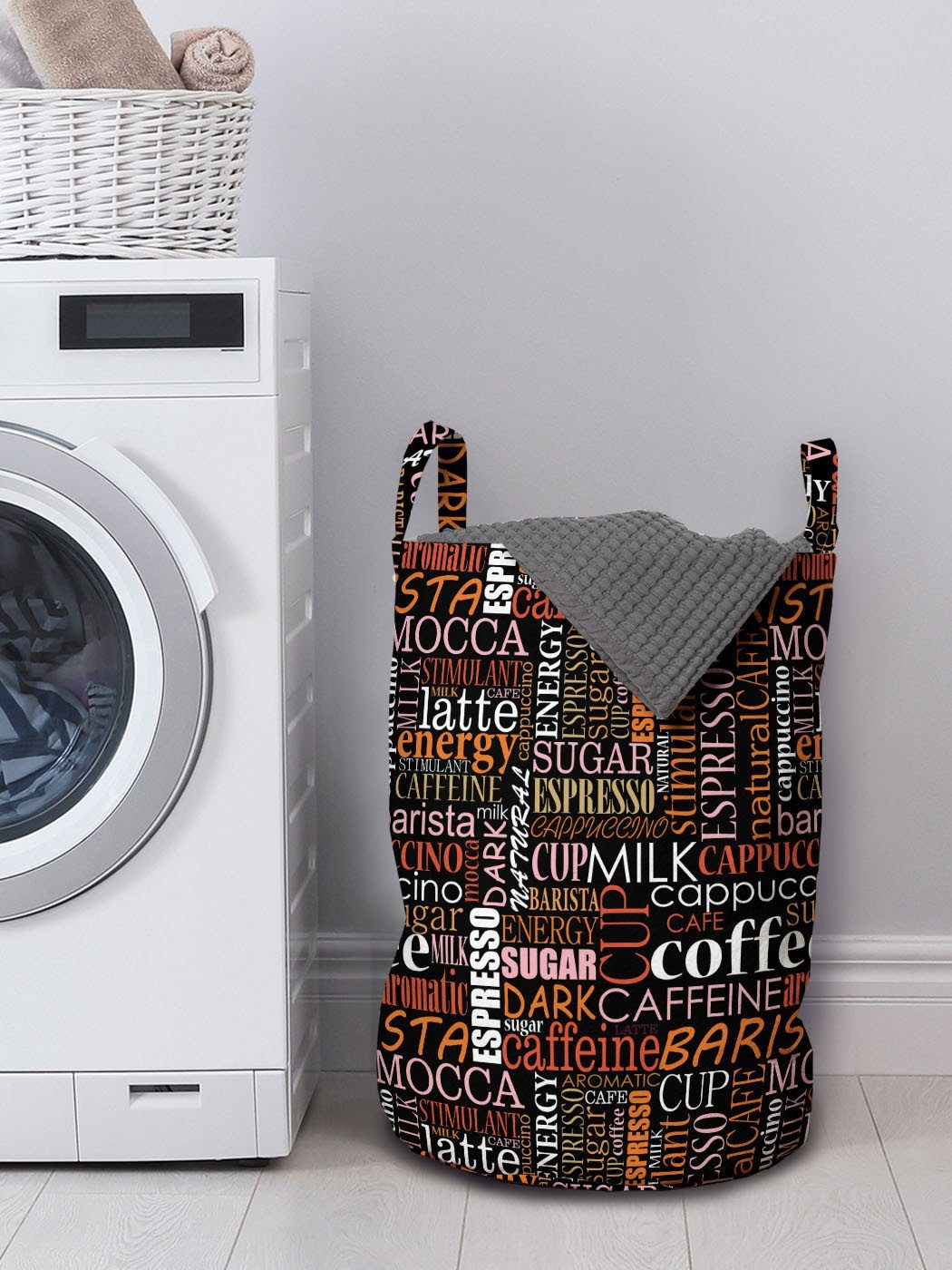 Abakuhaus Wäschesäckchen Wäschekorb Griffen Kaffee Bunte mit für Kordelzugverschluss Typography Art Waschsalons