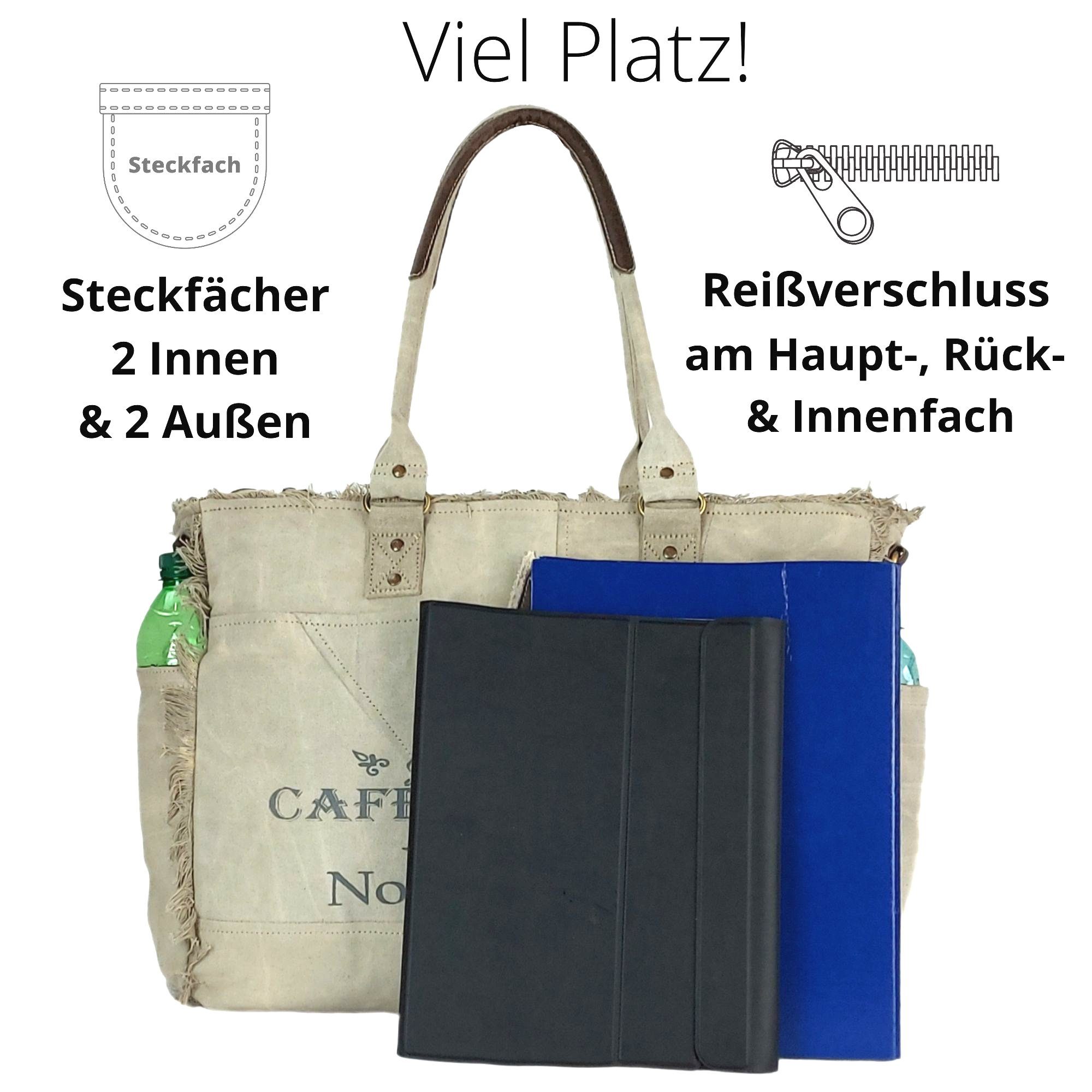 Nachhaltige XXL Tasche Sunsa enthält aus Deutsches Schultertasche recyceltes große Leder. Handtasche. als Damen Canvas Material, Geschenkideen, Strandtasche/Weekender. Handtasche Design Vintage &