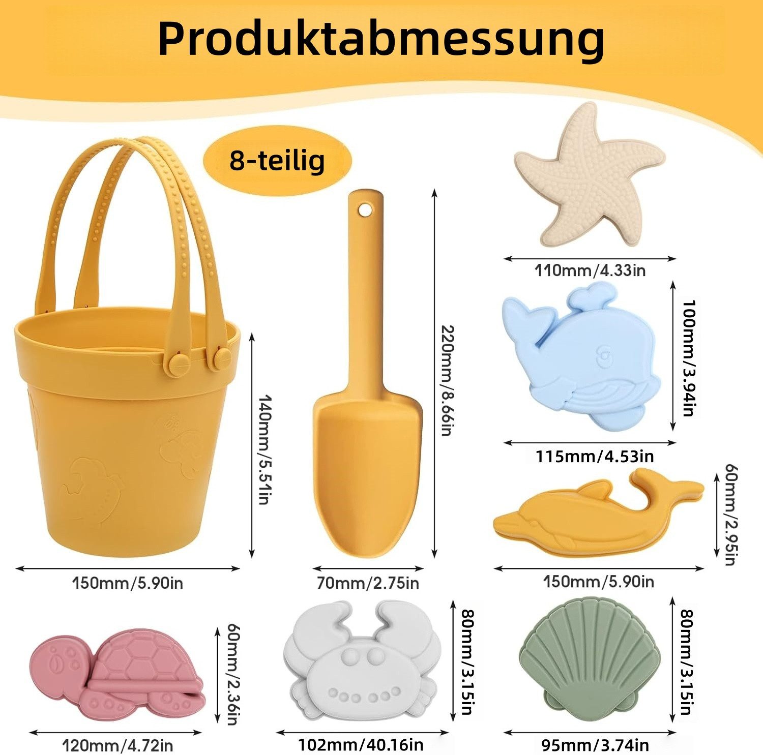 FOUORTUNATE-BEE Sandform-Set 8-tlg. Sandspielzeug-Set aus Silikon für Kinder mit Eimer und Schaufel, (8-tlg), Strandspielzeug für Kinder–Sandkasten-Spielset mit Eimer und Schaufel