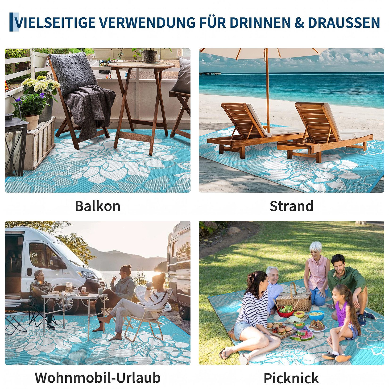 GarveeMore Outdoorteppich Outdoor-Wendeteppich aus PP-Gewebe, wasserfester, inkl. Befestigungsheringe & Tragetasche