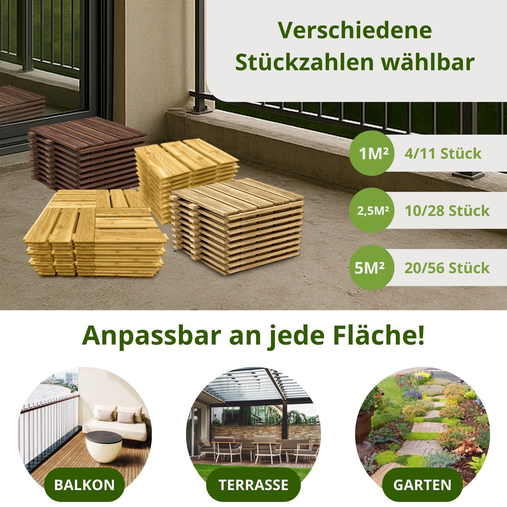 Floranica Trittsteine Holzfliese Terrassenfliese Massives Lärchenholz Balkonfliesen, 30x30 cm, Unbehandelt, 1-St., Fein Geriffelt Bodenbelag mit Drainage Balkon-Bodenbelag für Outdoor
