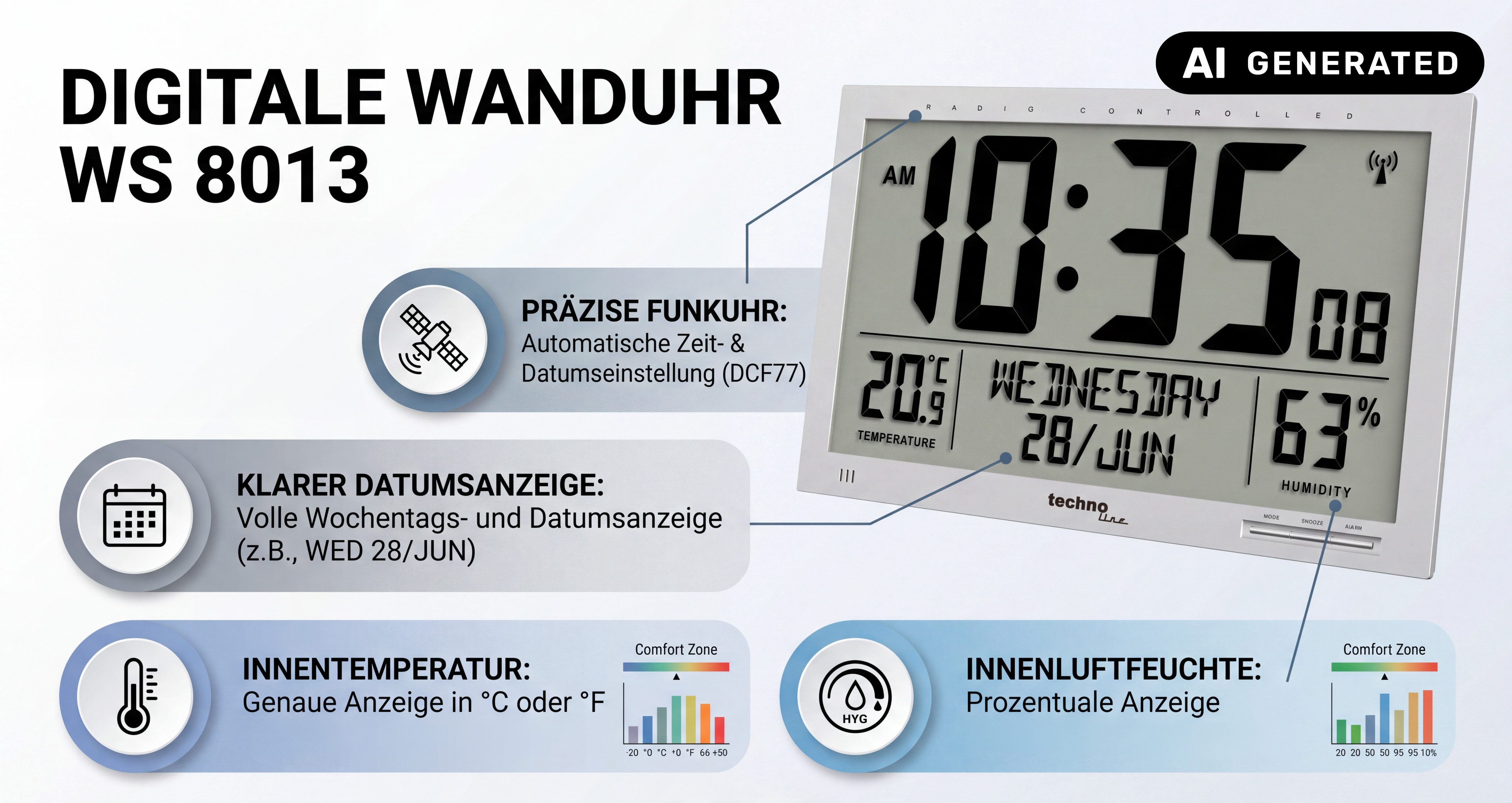 technoline Funkwanduhr WS 8013 (mit Temperatur- und Luftfeuchteanzeige)