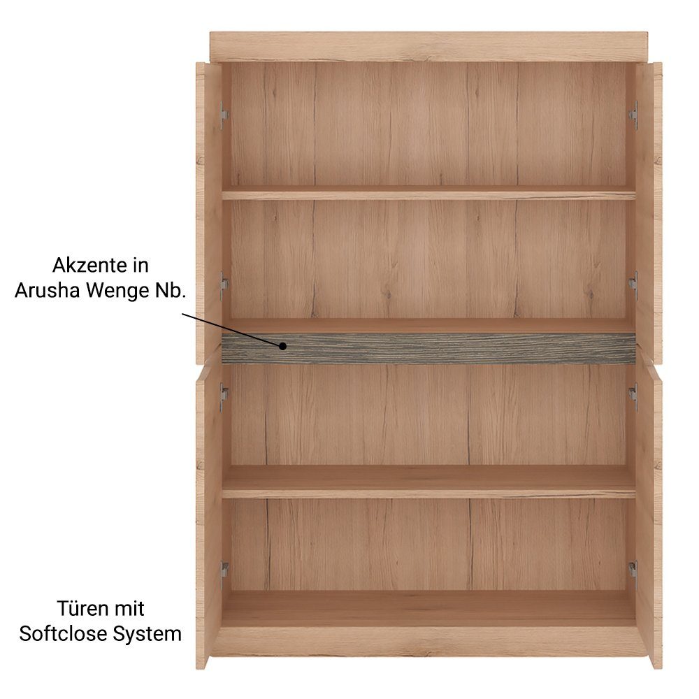 Lomadox Highboard SANFORD-129, San Remo Eiche hell Nb., 4 Türen, Softclose, Einlegeböden