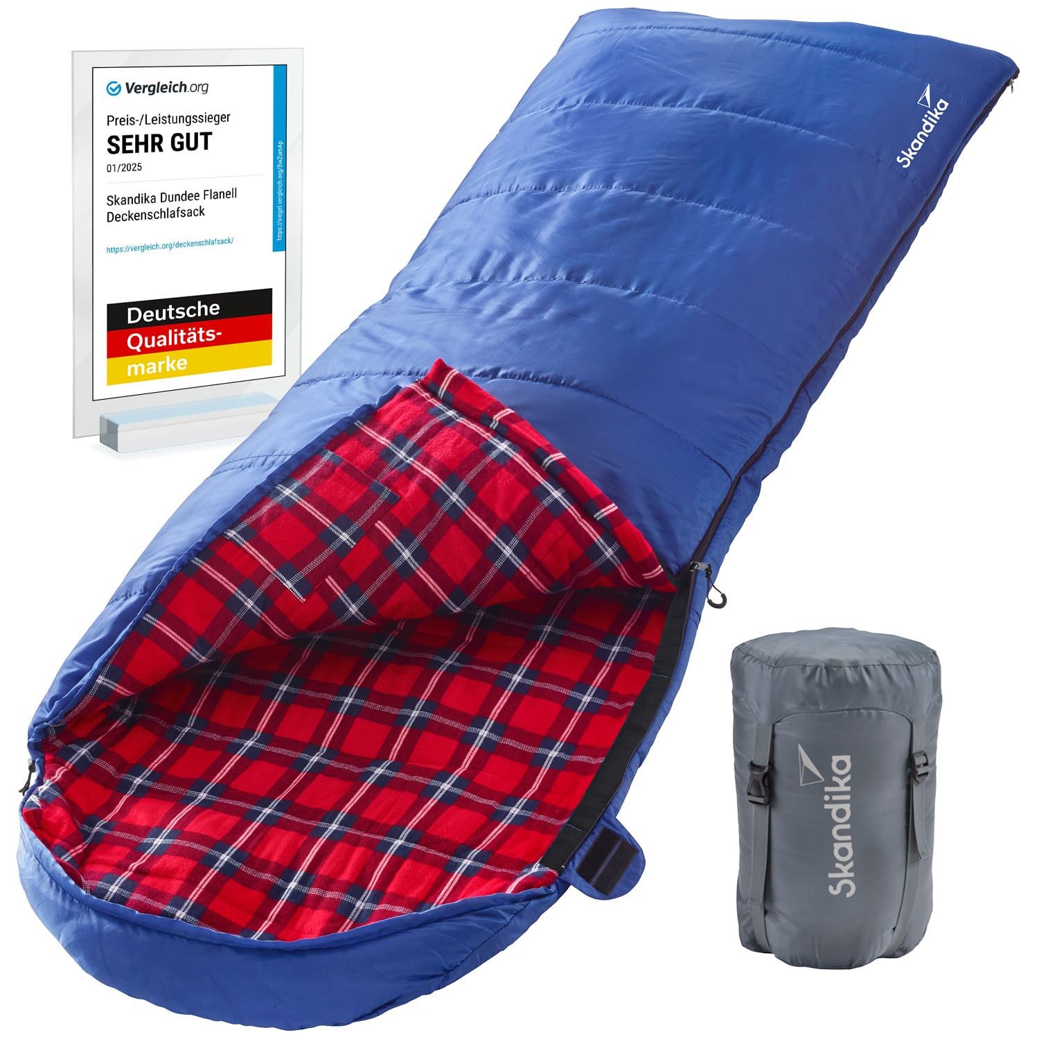 Skandika Deckenschlafsack Dundee Baumwollflanell, Koppelbar, Kopfteil mit Kordel (Reißverschluss mit Webband-Klemmschutz, Innentasche mit Klett), 3 Jahreszeiten, bis -20°C, Packsack mit Kompressionsbändern, 220x80cm