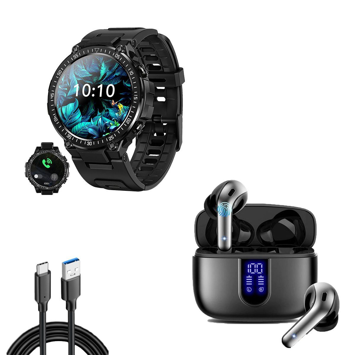 HYIEAR Smartwatch für Damen und Herren, kabelloses Bluetooth-Headset 5.3 Smartwatch (Android), mit austauschbaren Armbandern, Ladekabeln Drei Paar Ohrstöpsel, Sportarmband, Fitnessuhr