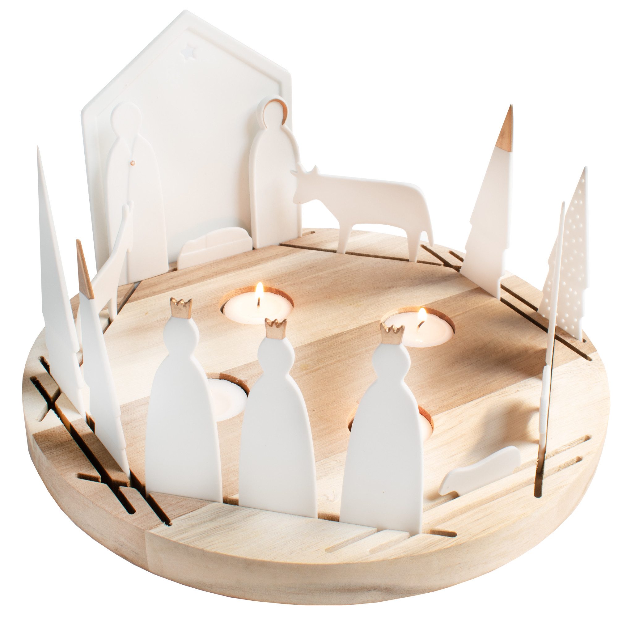 Räder Design Windlicht räder Lichtobjekt rund Krippe aus Akazienholz 16Teile + gratis räder