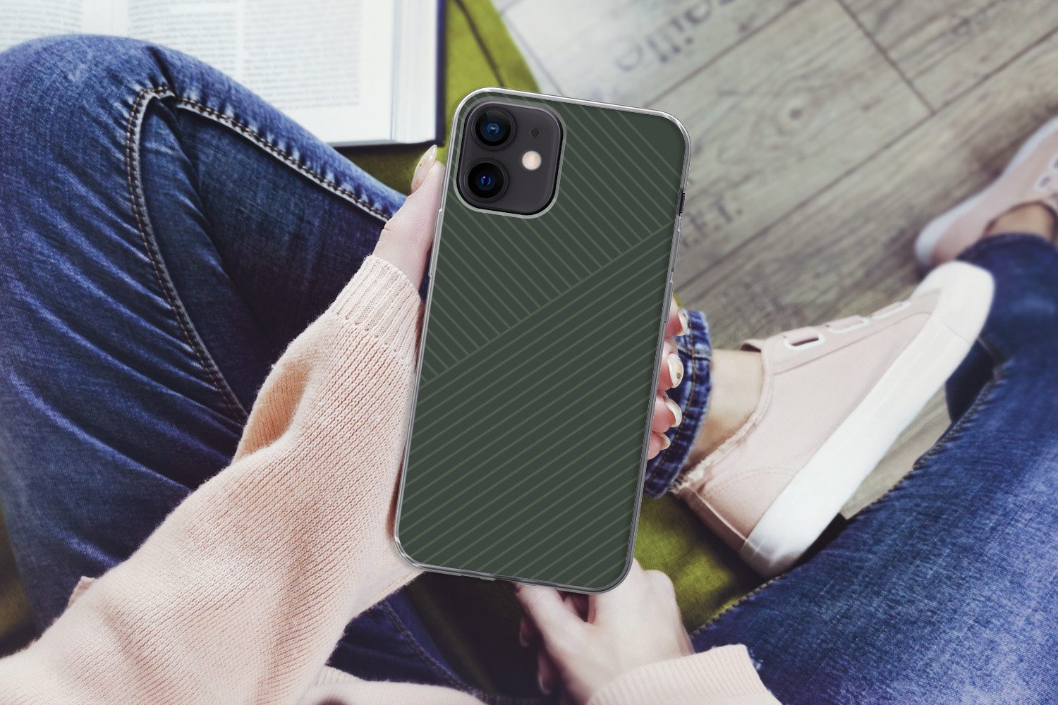 MuchoWow Handyhülle für Apple iPhone 12 Linien - Abstrakt - Grün - Minimalistisch, Smartphone-Bumper, Print, Handy Schutzhülle Dünn