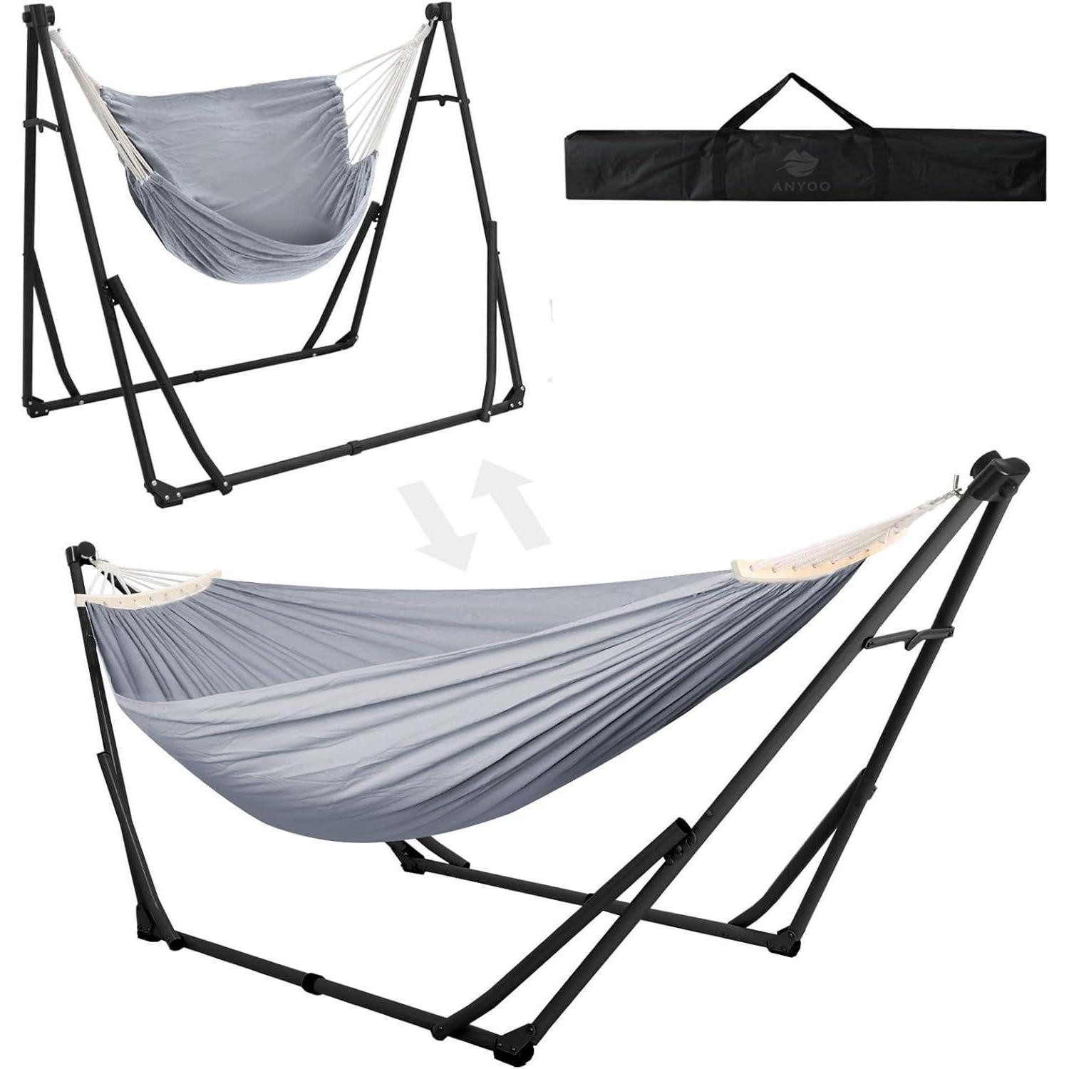 Hängematte Hängematte Gestell klappbar Outdoor Garten Schwarz und Hellgrau