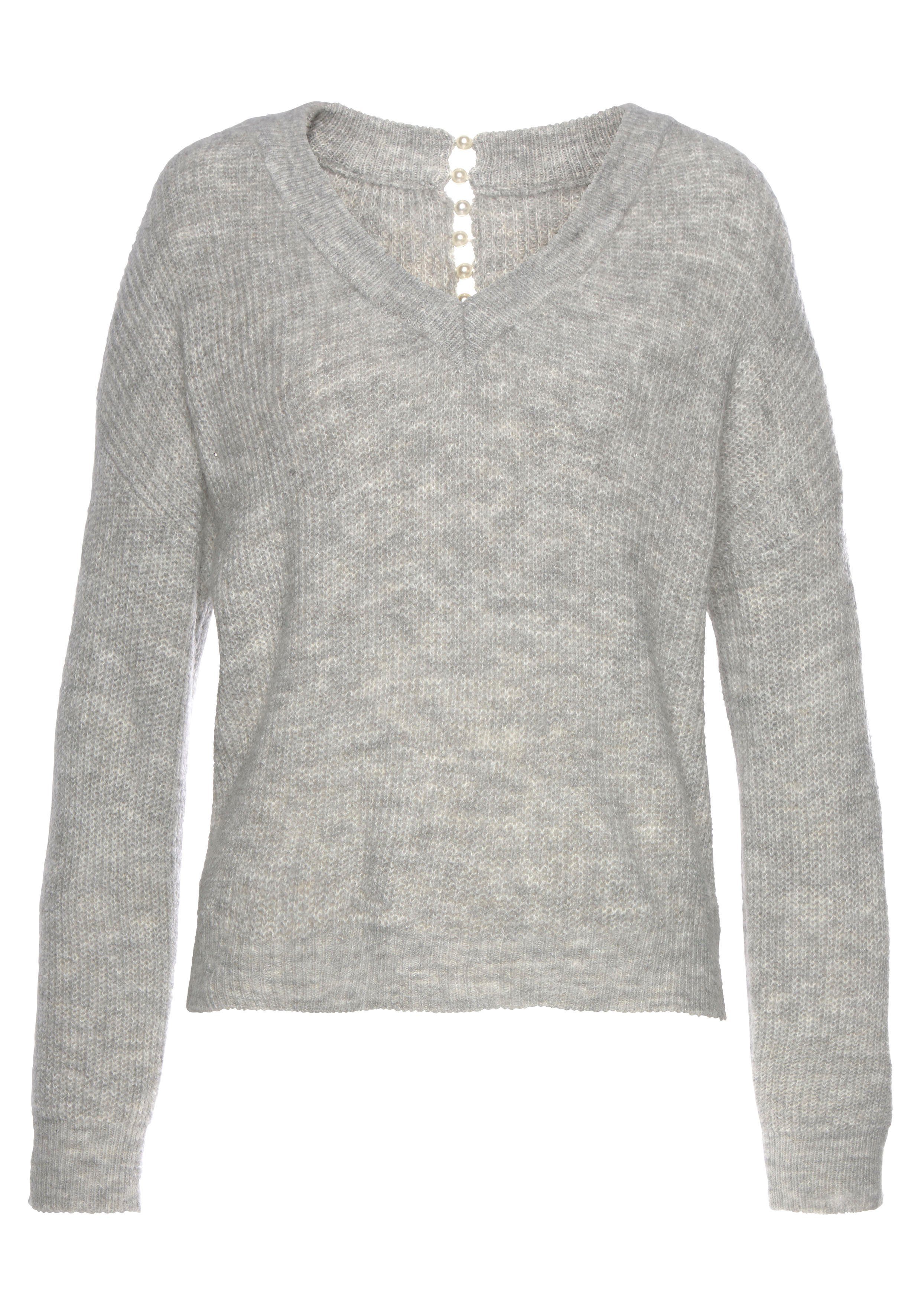 LASCANA V-Ausschnitt-Pullover mit Zierperlen Rücken grau-meliert im