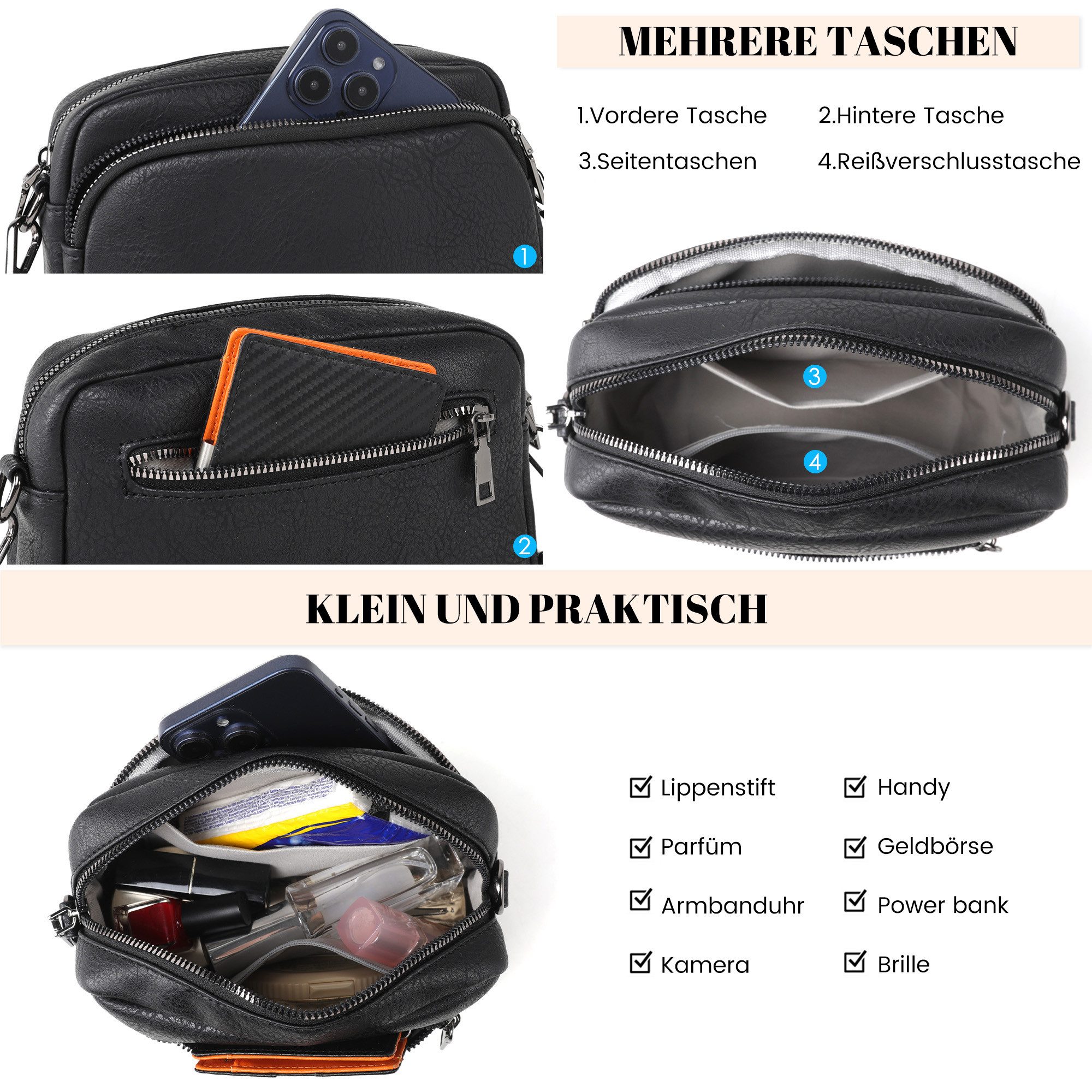 TAN.TOMI Umhängetasche Damen Handy Umhängetasche Echtes Crossbody Bag Damen Handytasche, Umhängetasche Damen Klein Taschen mit Breitem Schultergurt u 3 fächern – Bild 5 von 5