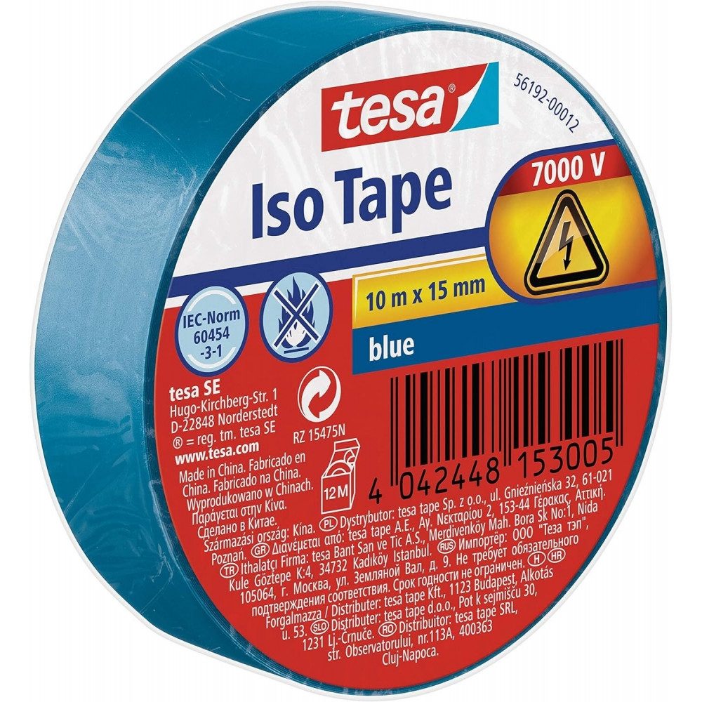 tesa Isolierband 10m 15mm blau - Hochwertiges Band. Elektro-Kabel