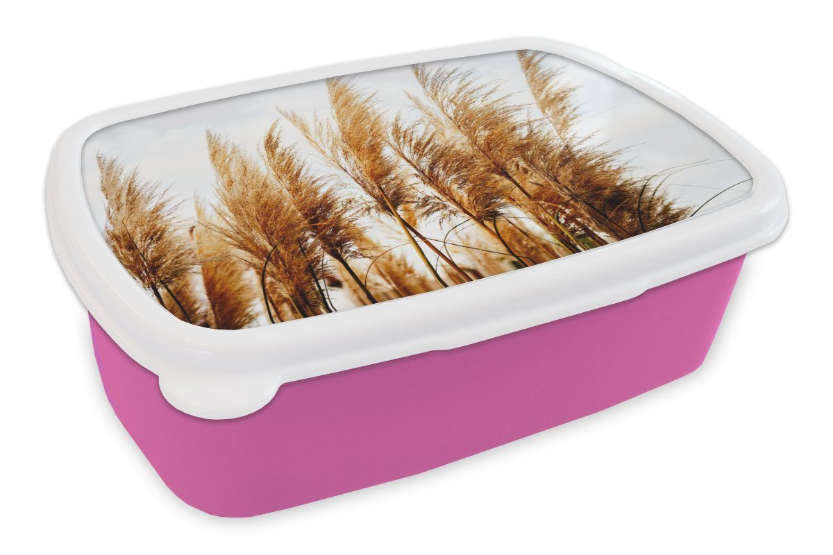 MuchoWow Lunchbox Pampasgras - Sonne - Gras, Kunststoff, (2-tlg), Brotbox für Erwachsene, Brotdose Kinder, Snackbox, Mädchen, Kunststoff rosa