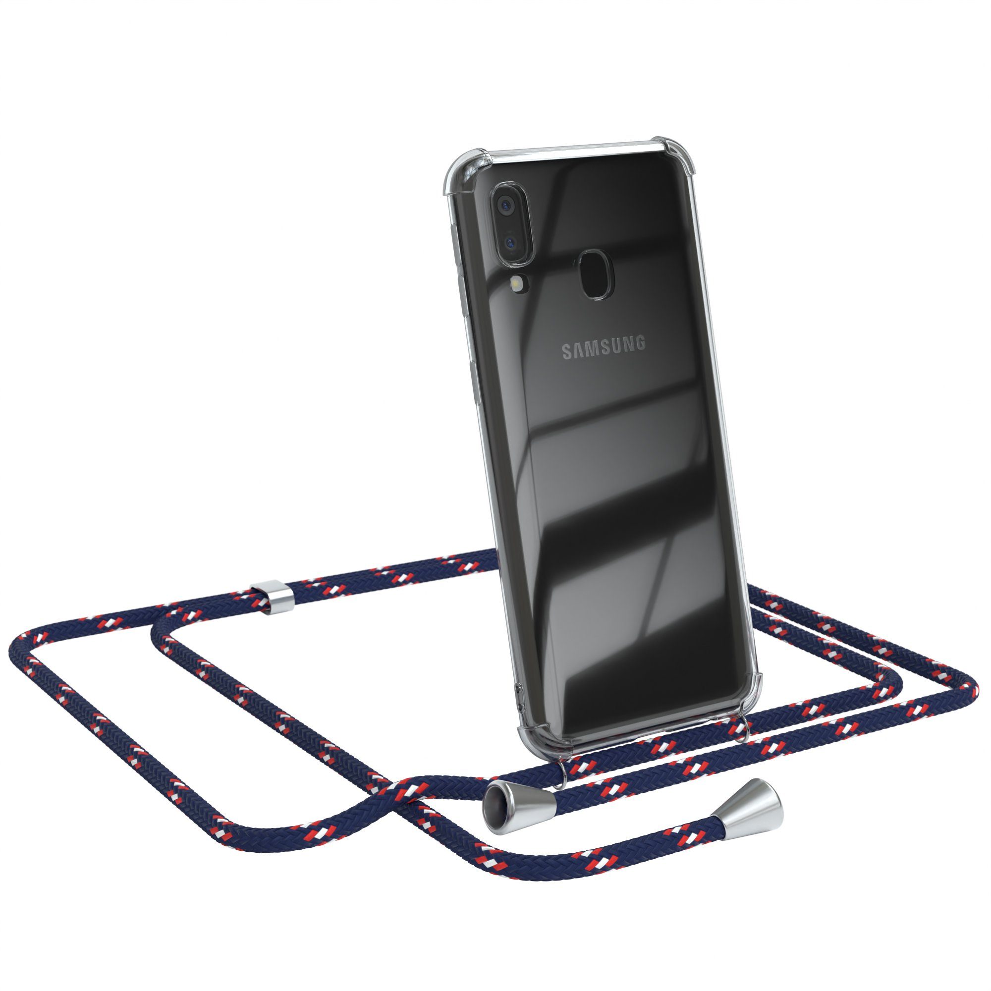 EAZY CASE Handykette Hülle mit Kette für Samsung Galaxy A40 5,9 Zoll, Slimcover Handykette Hülle Cross Bag für Smartphone Blau Camouflage