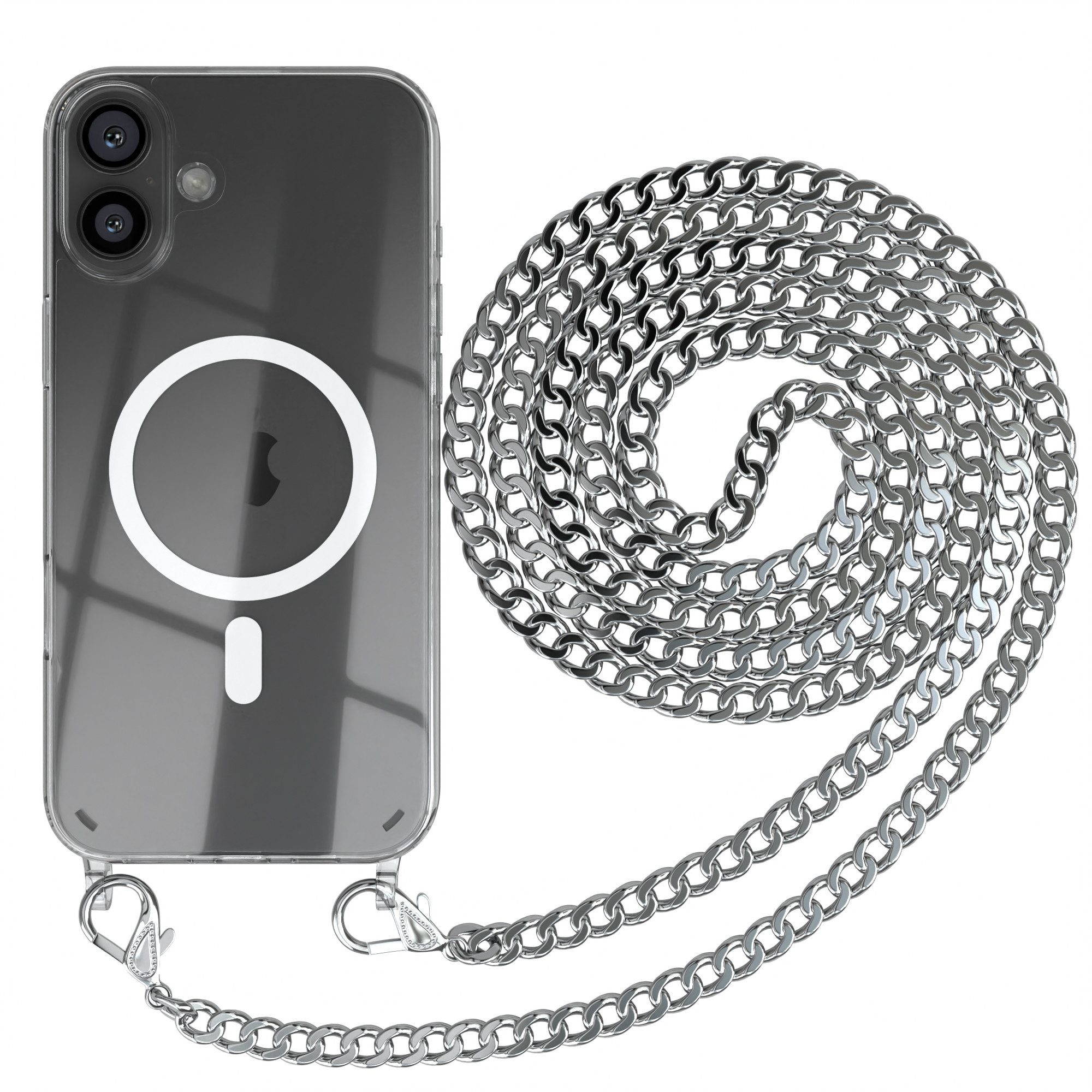 EAZY CASE Handykette 2in1 Metallkette MagSafe Hülle für iPhone 16 Plus 6,7 Zoll, MagSafe Tasche mit Kette Metallkette Handykette Umhängetasche Silber