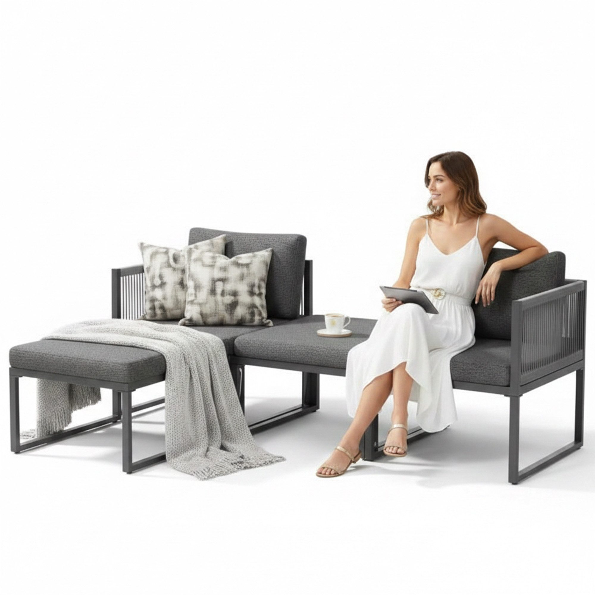 Mucola Gartenlounge-Set Aluminium Lounge-Set 4-teilig – wetterfeste Sitzgruppe mit Hocker, (Lounge-Set, 4-tlg., Lounge-Set, bestehend aus 2 Sitzelementen, Hocker und Modul), modular kombinierbar, wetterfestes Aluminiumgestell, Hocker