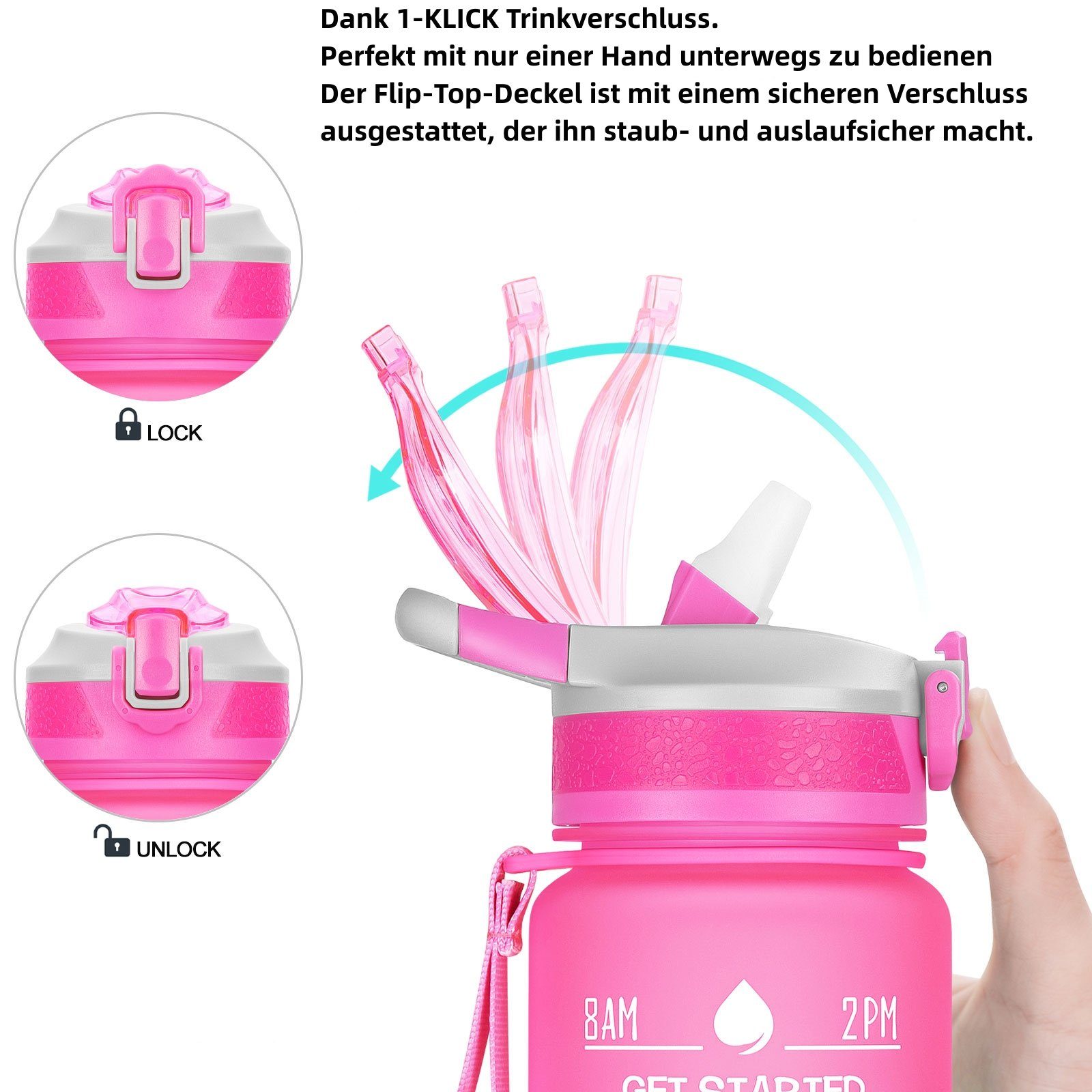 Sportflasche Auslaufsicher Zeitmarkierung Trinkflasche und BPA-Frei Wasserflasche Strohhalm Fahrrad Pink/Hellgrün Camping 1 Sport Outdoor Liter Fitness 1L, Wandern WISHDOR