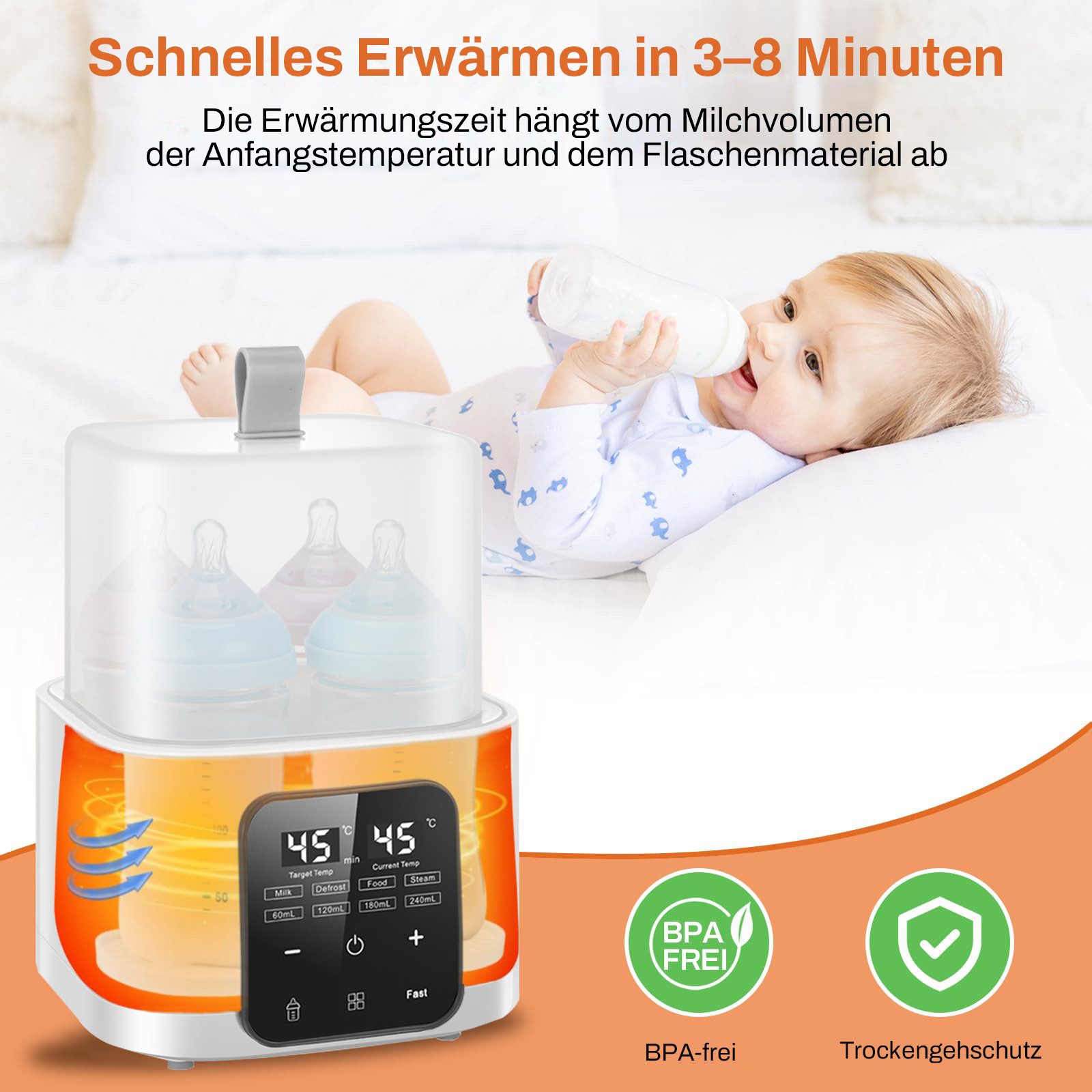 FOSMET Babyflaschenwärmer 2026 Modell 9-in-1 Babyflaschenwärmer Sterilisator 4 Flaschen BPA-frei, 60-240ml Flaschen, 100 °C Dampfst erilisation, Fernbedienung – Bild 3 von 5