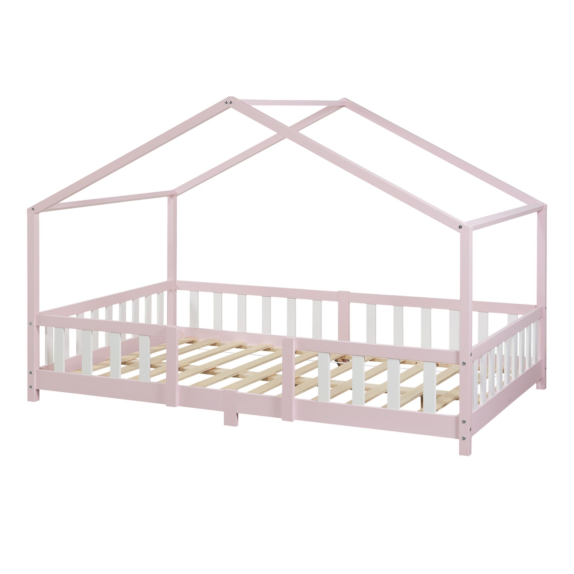 en.casa Kinderbett, »Treviolo« Haus-Optik Montessori 120x200 cm Rosa/Weiß