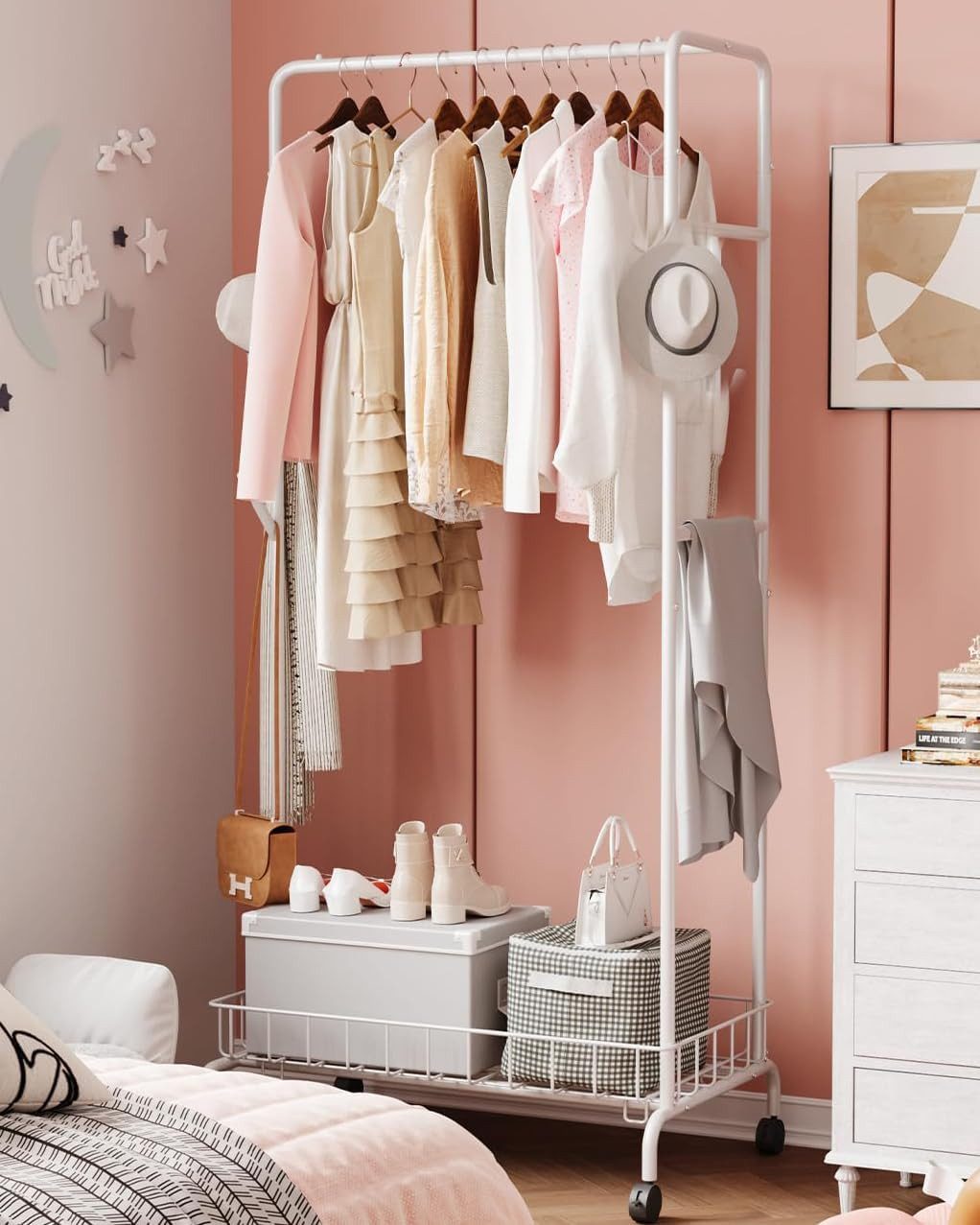 GarveeMore Garderobenständer aus Metall mit Rollen und unterem Regal,seitli günstig online kaufen