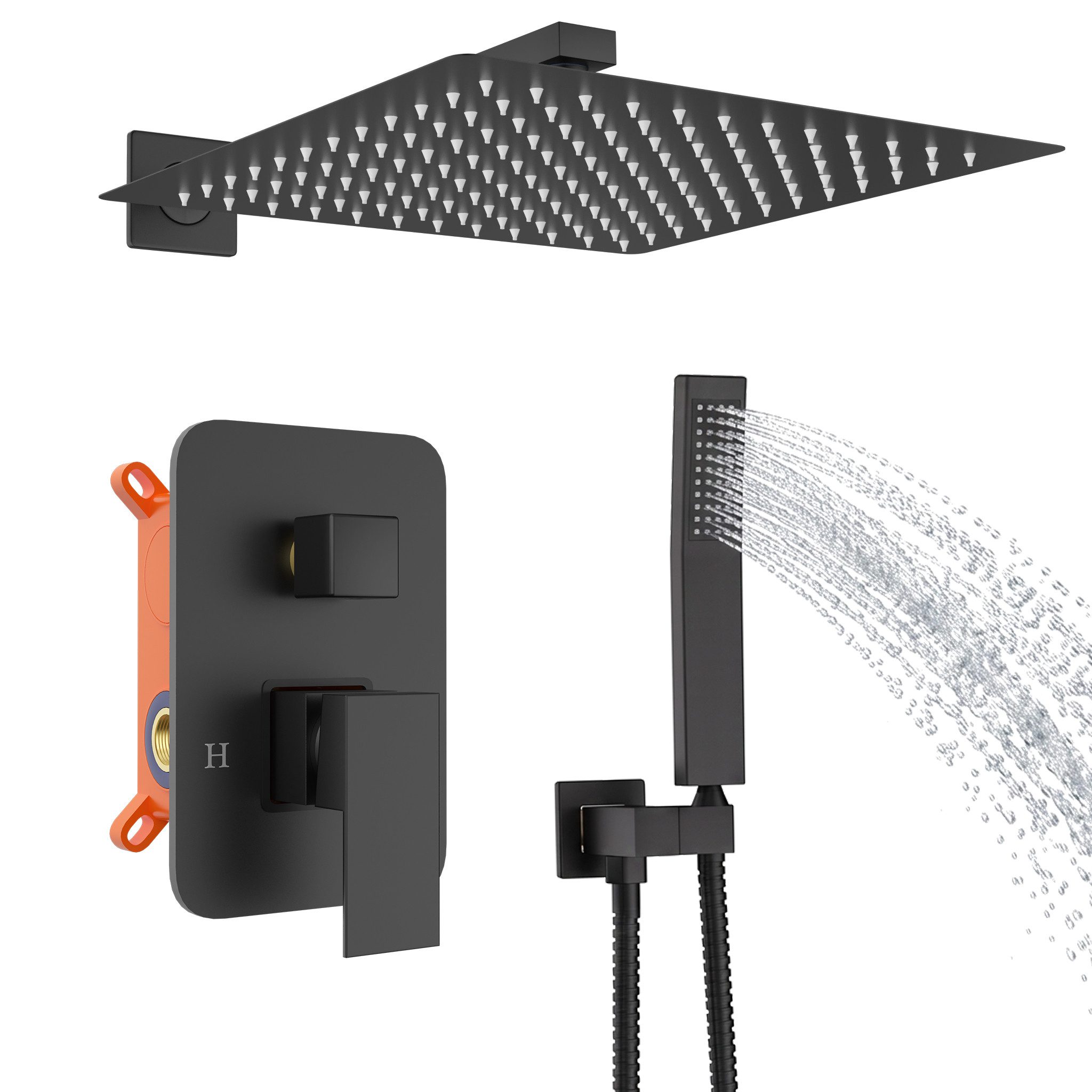 FIVMEN Duschsystem Unterputz Duscharmatur Set 30×30 cm Edelstahl Regen-Überkopfbrause, Edelstahl Handbrause, Einhandbedienung, inkl. Duschschlauch