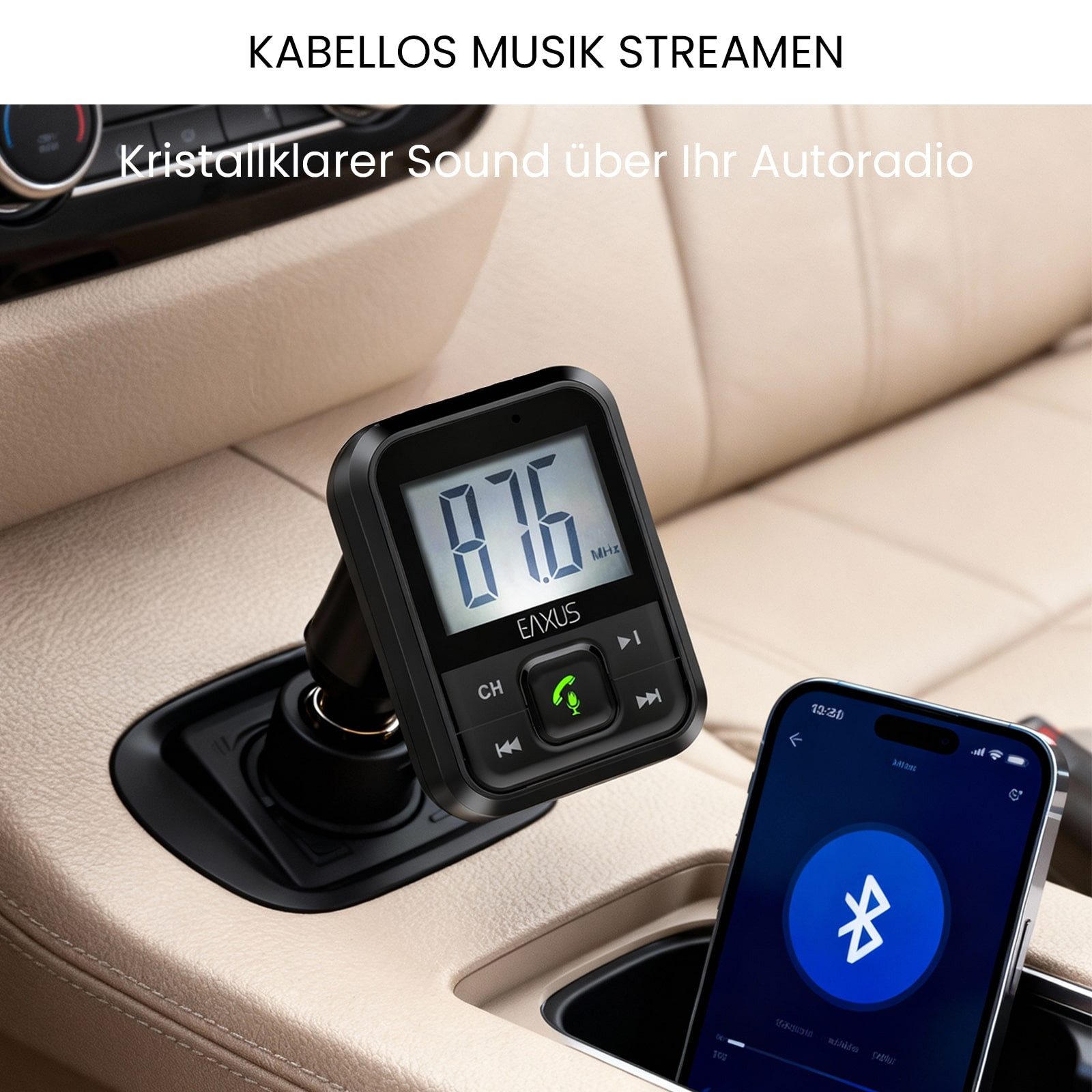 EAXUS Bluetooth FM-Transmitter für Wiedergabe Smartphone -> Autoradio, KFZ-Transmitter Bluetooth, USB-Sticks, 3,5-mm-Klinke, microSD, Mit Freisprechfunktion und USB-Anschluss zum Laden