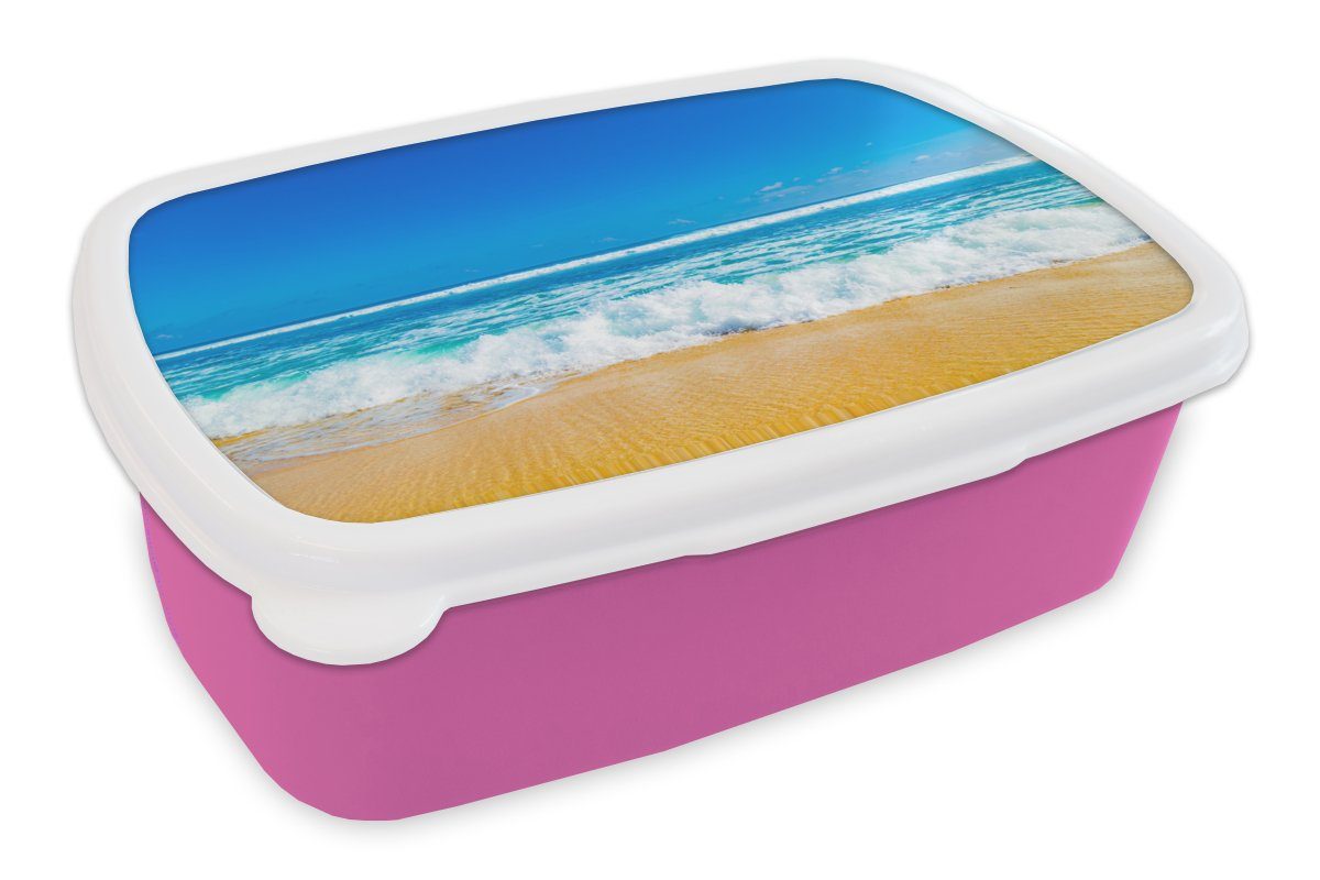 MuchoWow Lunchbox Strand - Meer - Blau, Kunststoff, (2-tlg), Brotbox für Erwachsene, Brotdose Kinder, Snackbox, Mädchen, Kunststoff rosa