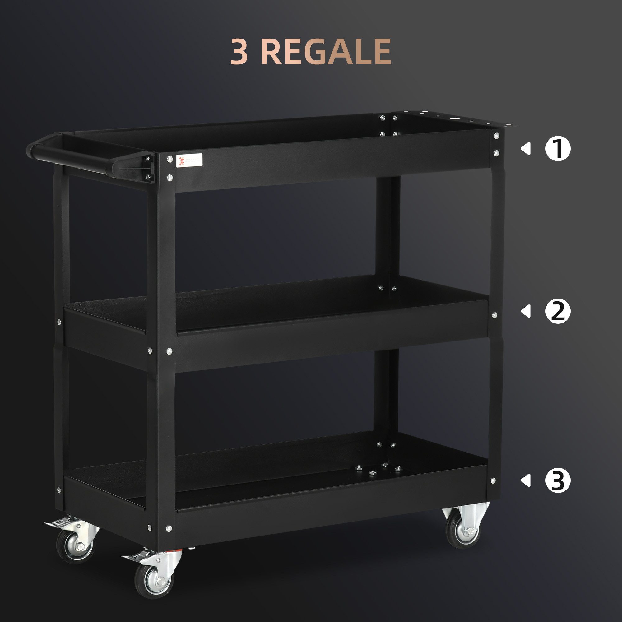 furnicato Werkzeugwagen Mobiler 83B x 35,3T x 76H cm in Schwarz, 83L x 35,3B x 76H cm, (1-tlg), Stabiler Servicewagen mit Sicherheitskanten und 4 Universalrädern
