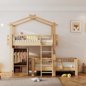 Flieks Etagenbett, Hausbett Kinderbett Kleiderschrank herausnehmbares Unterbett 90x200cm