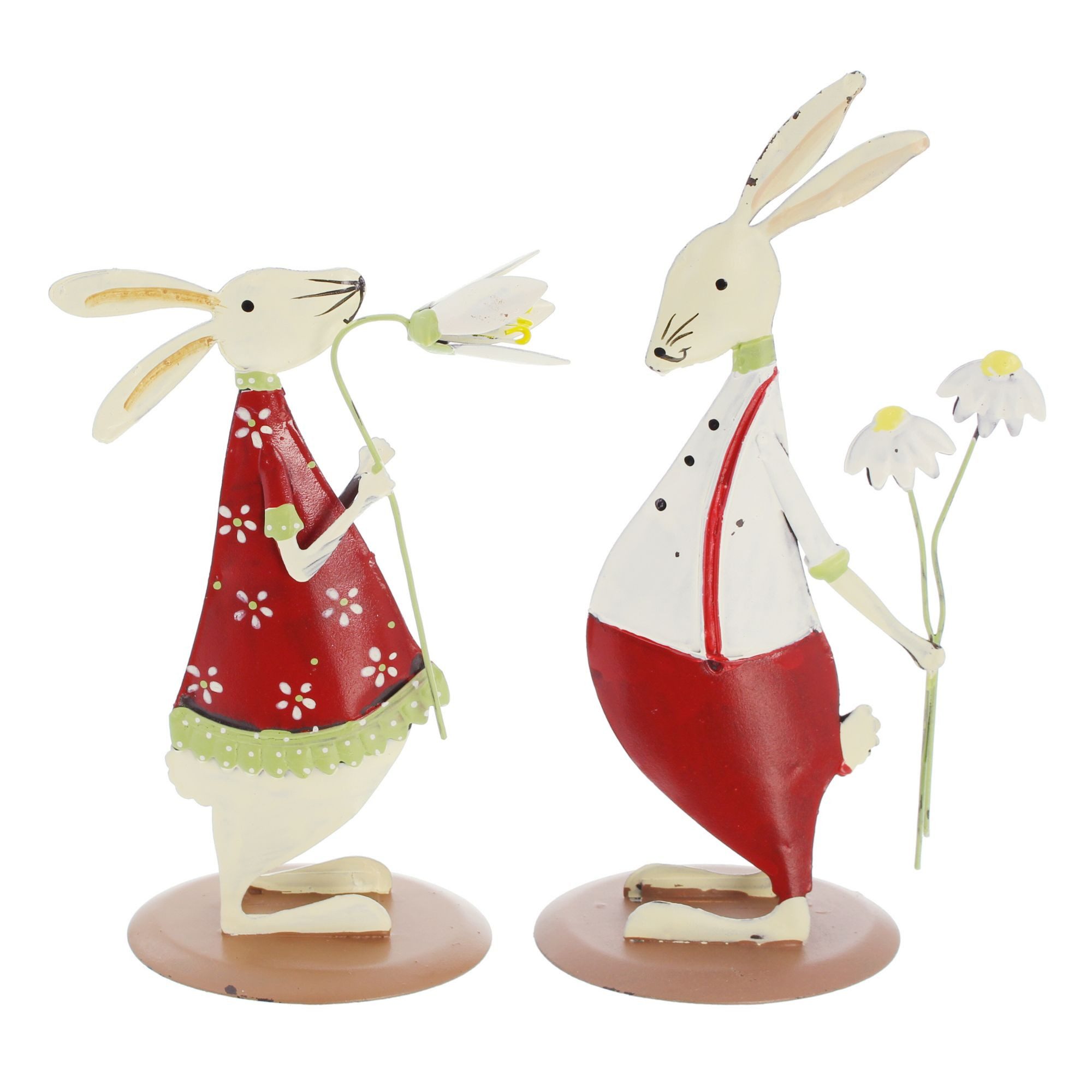 Dekoleidenschaft Osterhase "Blümchen" aus Metall, Hasenpaar, Osterdeko, Dekofigur, Osterfigur (2 St., im Set), 16 cm + 20 cm hoch, Osterdeko, Figurenset, Metallfigur, Metallhase