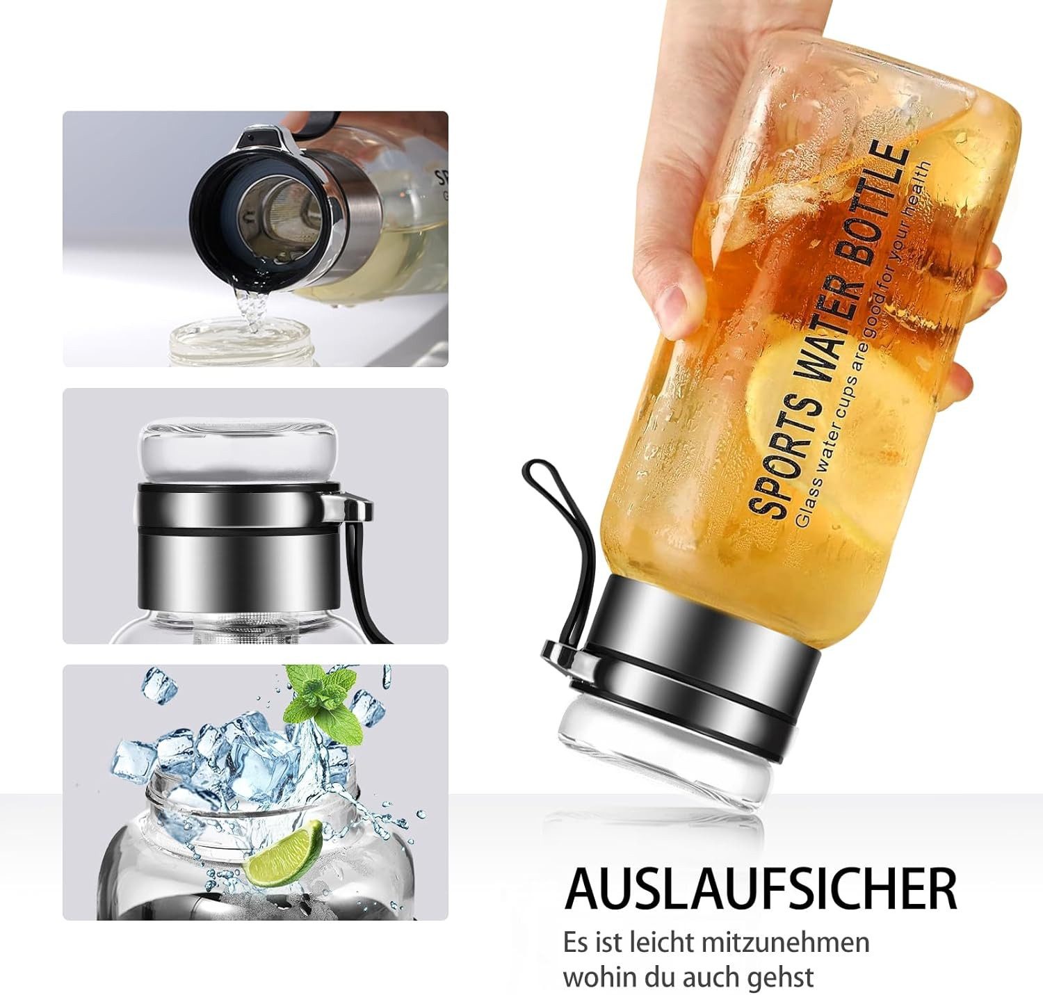 Zaewry Trinkflasche Glasflasche 1L - Wasserflasche Trinkflasche Glas mit Neoprenhülle, Glastrinkflasche mit Edelstahl-Sieb, Glasdeckel als Becher verwendbar – Bild 2 von 5