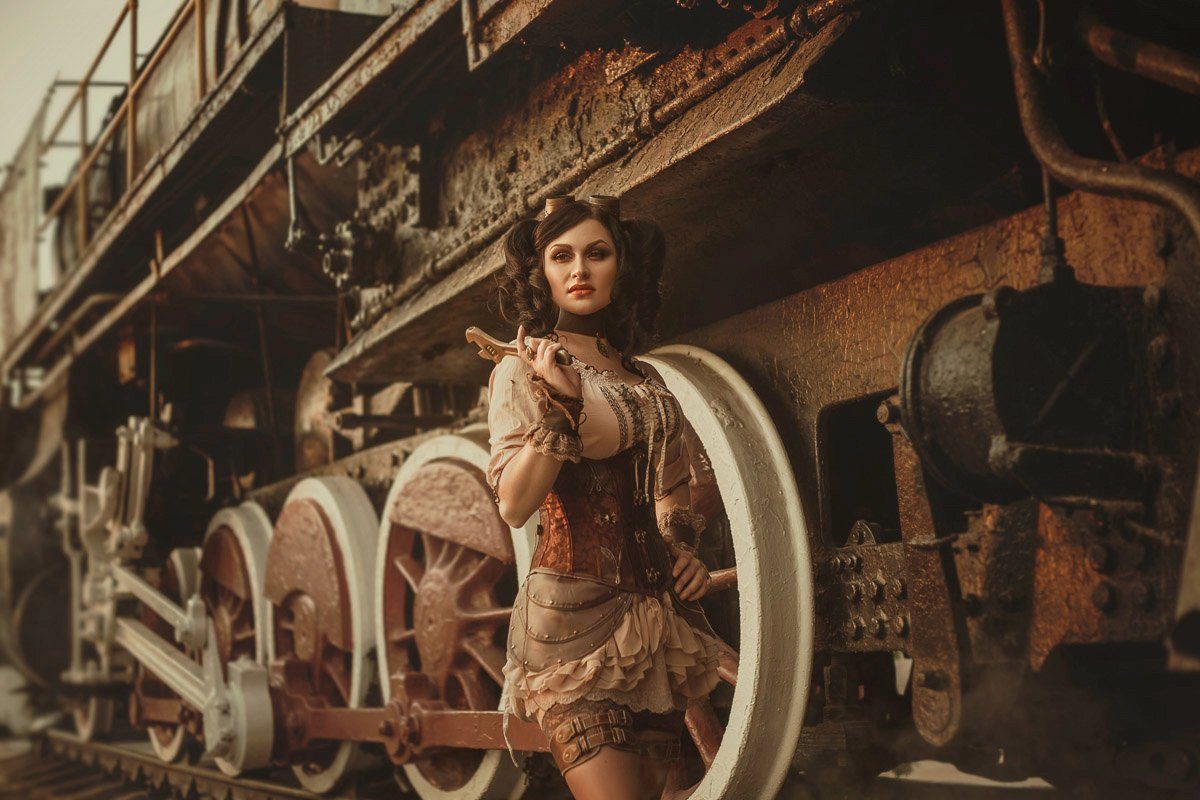 Papermoon Fototapete Steampunk Frau vor Zug