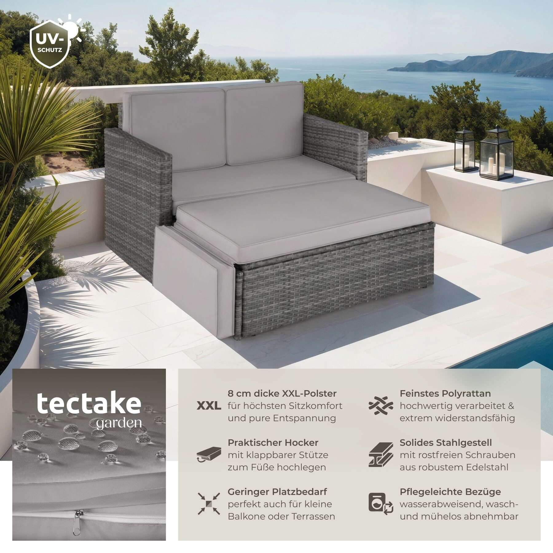 tectake Loungeset Rattan Lounge, Hocker mit klappbarer Stütze, (Gartenlounge Korfu, 2-tlg., in grau), 2-Sitzer, widerstandsfähig, UV-beständig, Dicke der Polster 8 cm