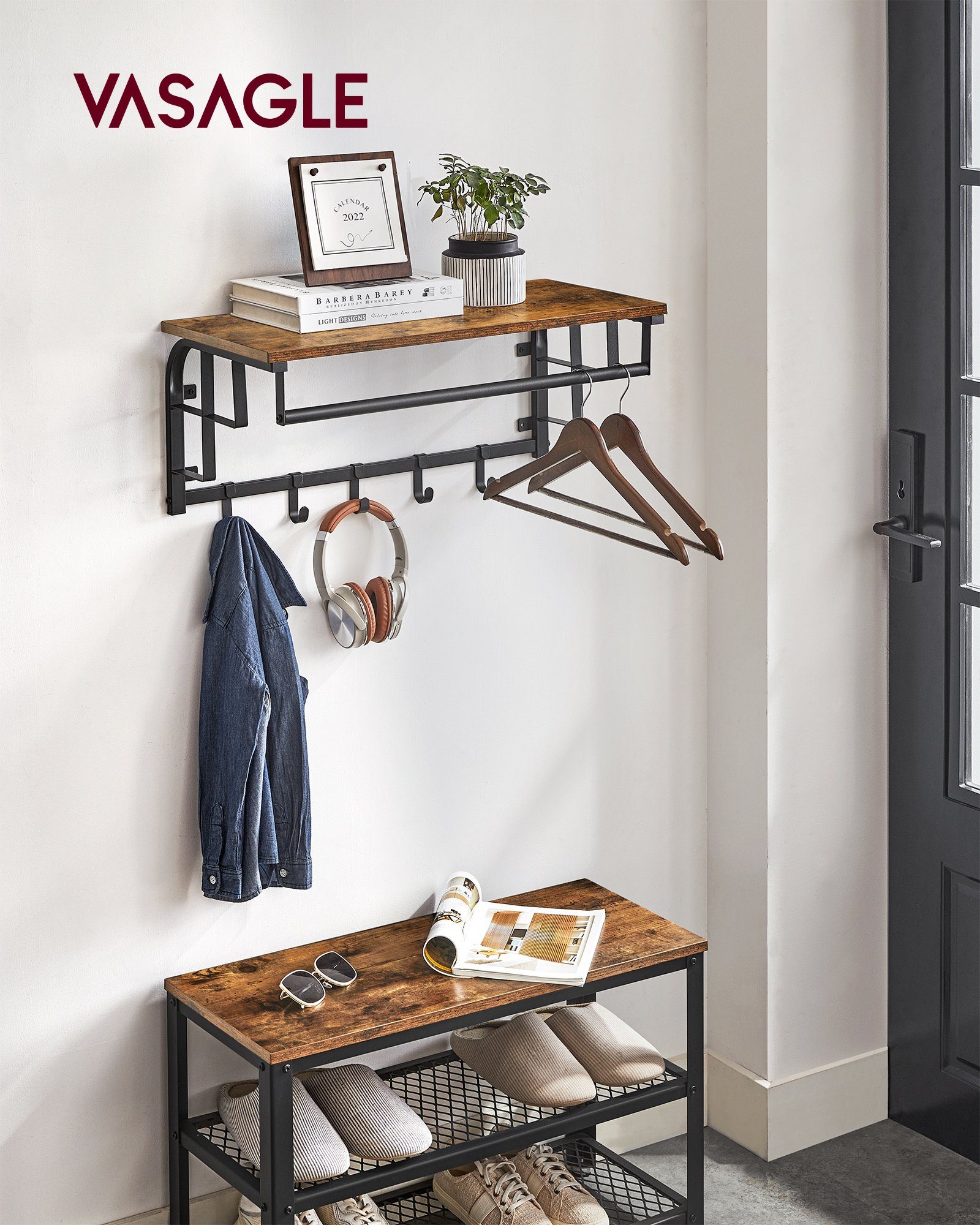 VASAGLE Wandgarderobe, Wandregal mit Haken, Länge 66 - 80 cm