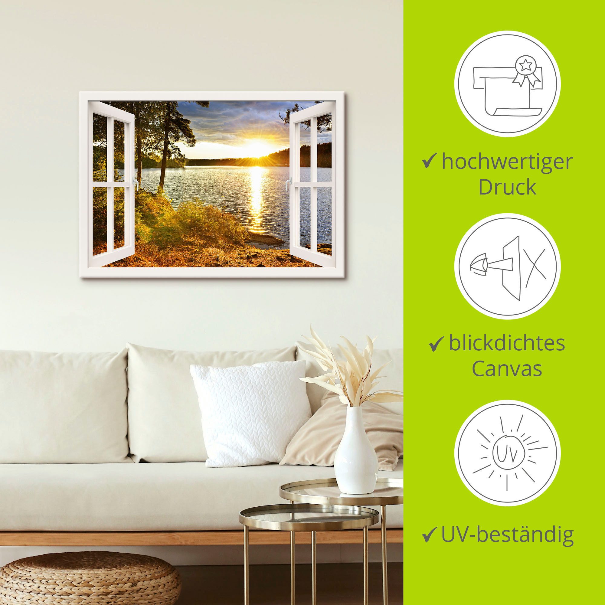 Artland Leinwandbild Sonnenuntergang im Algonquin Park, Fensterblick (1 St), auf Holzrahmen gespannt