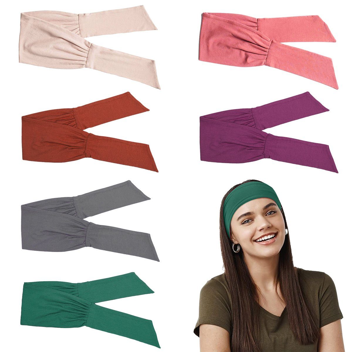 Jormftte Haarband Damen Boho Stirnband,Knoten Verdrehtes Elastische Kopf Wickeln kastanienbraun+koralle+dunkelgrau+dunkelgrün+dunkelorange+khaki